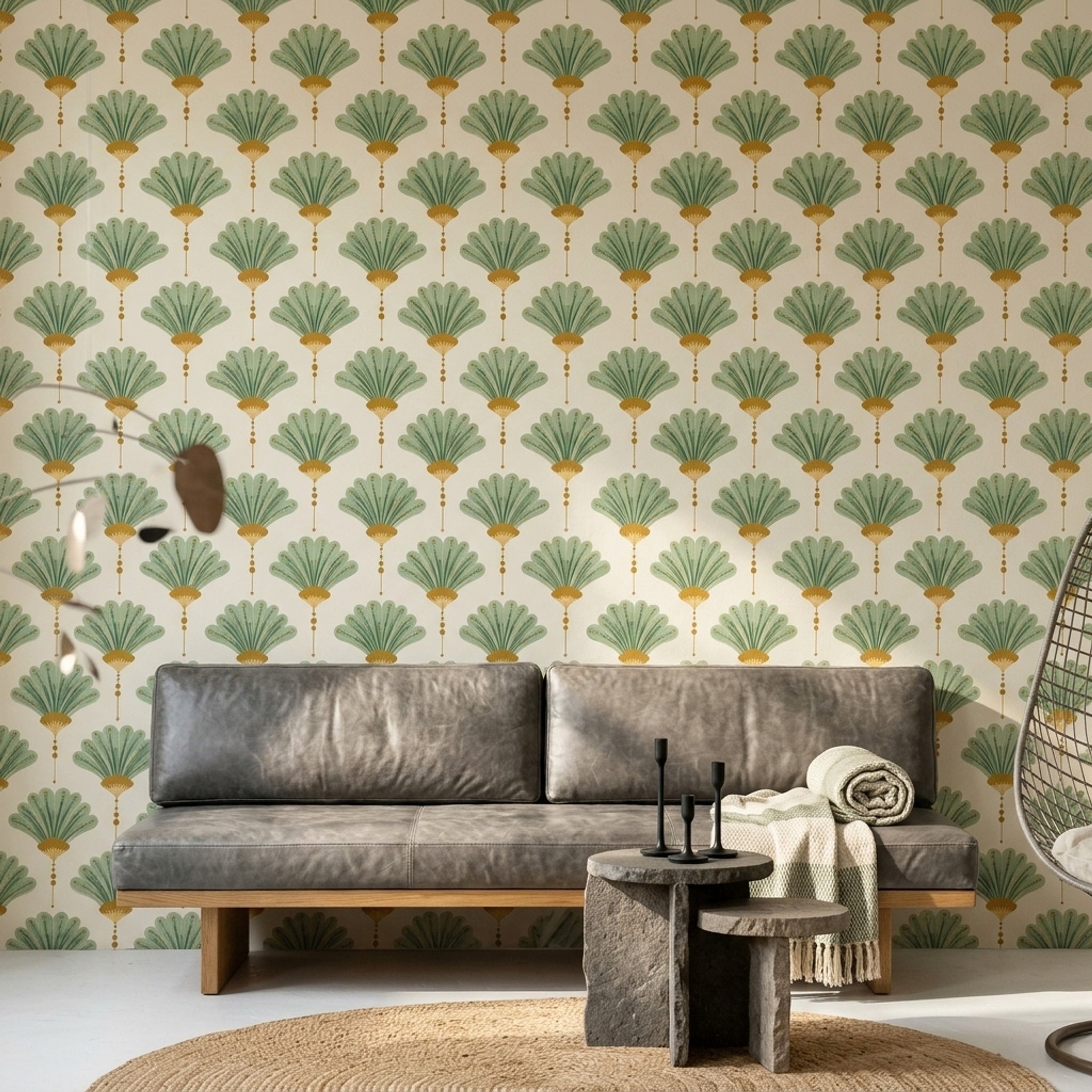 Art Deco Wallpaper Fan Motif Removable Ginkgo Leaves Wall Double Roll