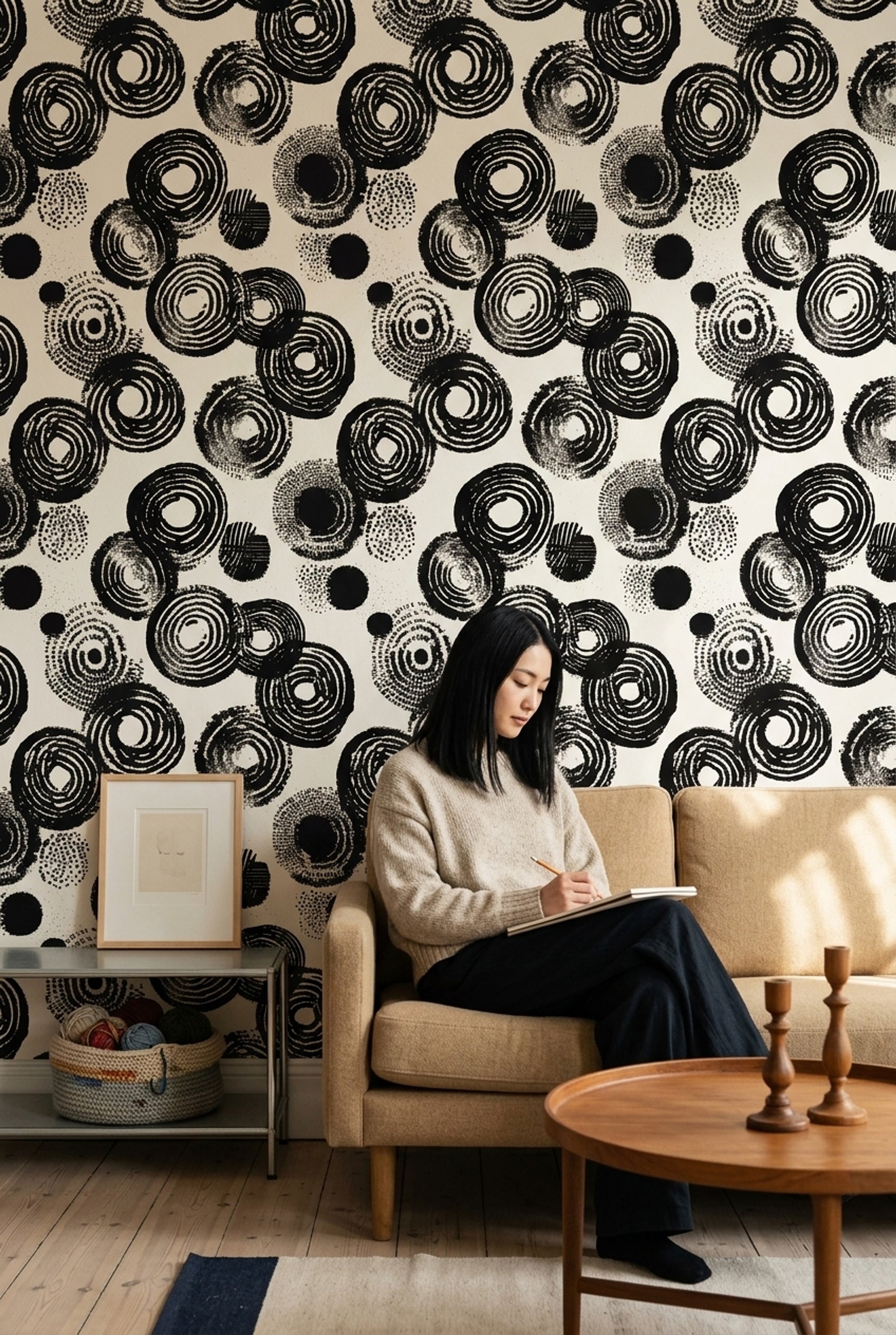Concentric Circles Wallpaper Brushstroke Ink Stamp Removable Wall Decor