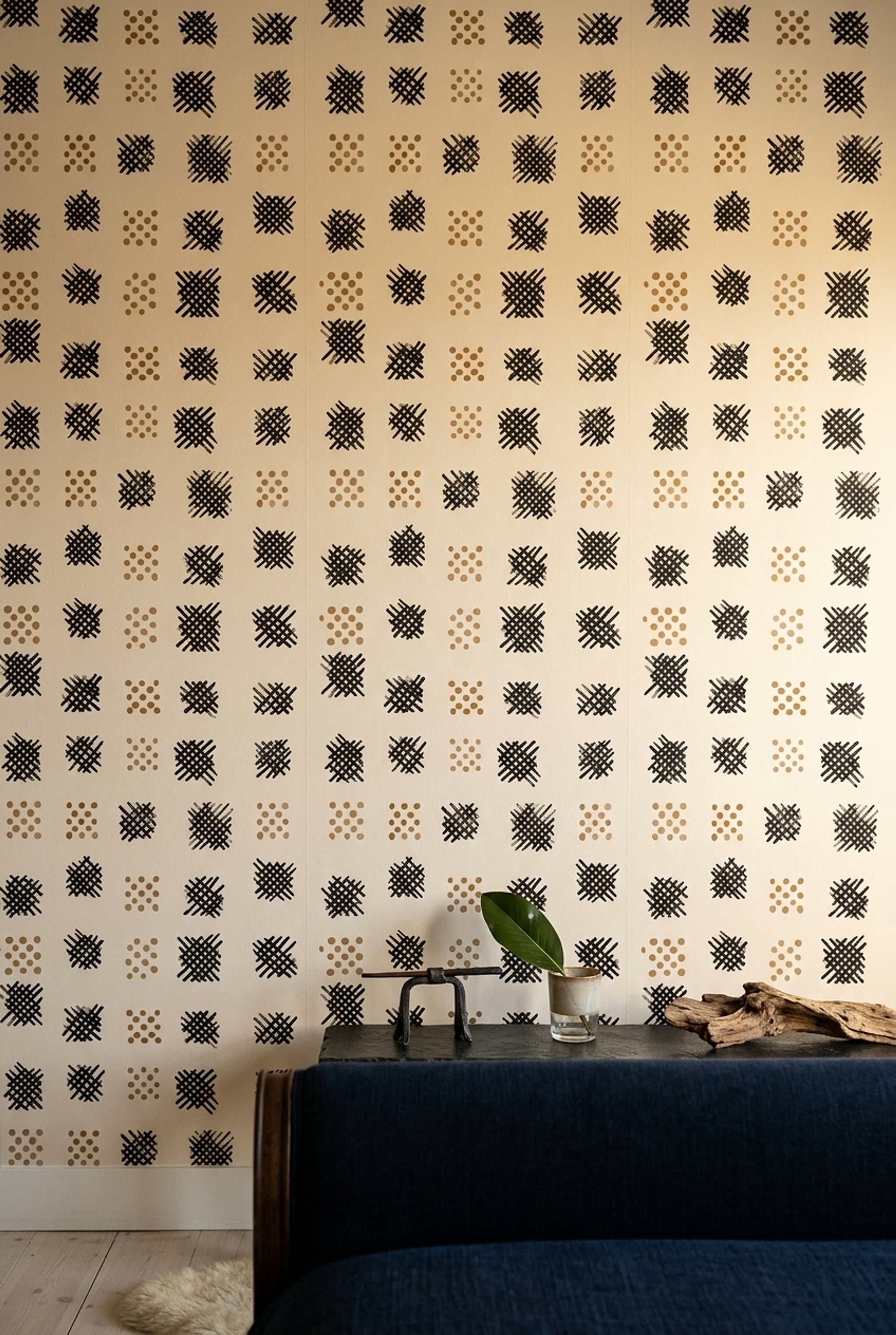 Abstract Geometric Wallpaper Hand Painted Black Crosshatch Removable Wall Decor