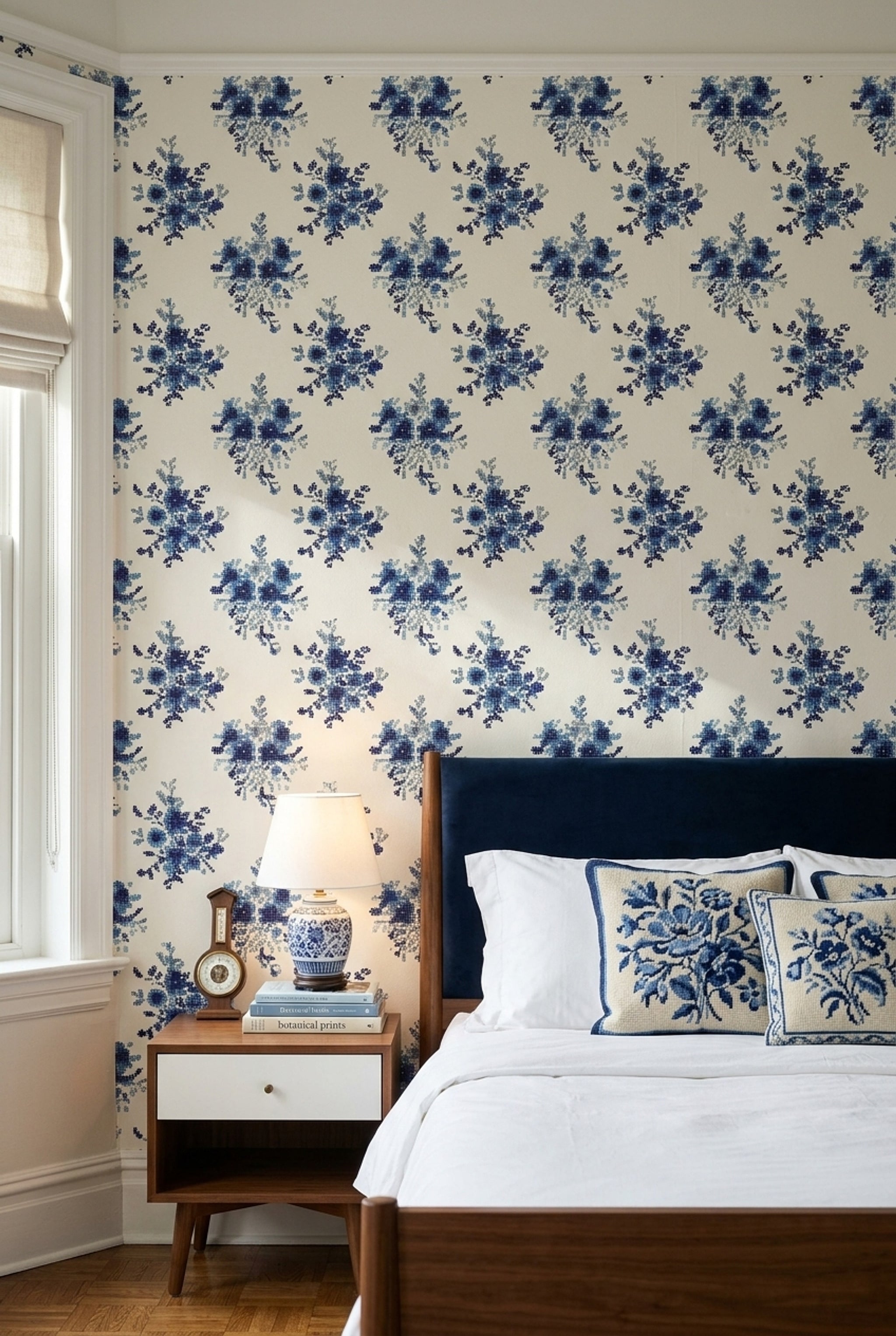 Blue Floral Wallpaper Indigo Removable Mosaic Dots Wall Double Roll