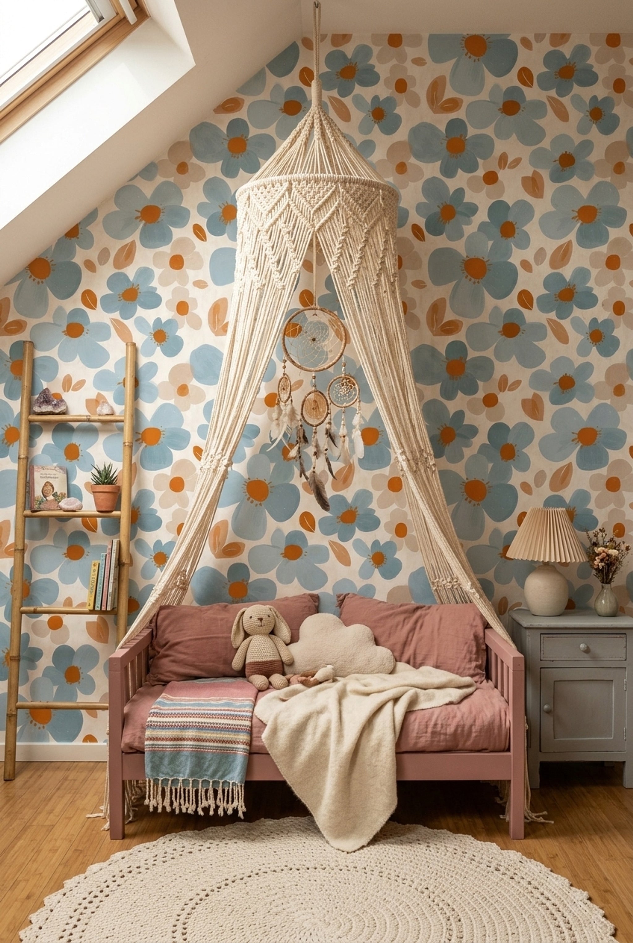 Oversized Daisies Wallpaper Dusty Blue Hand Painted Removable Wall Decor