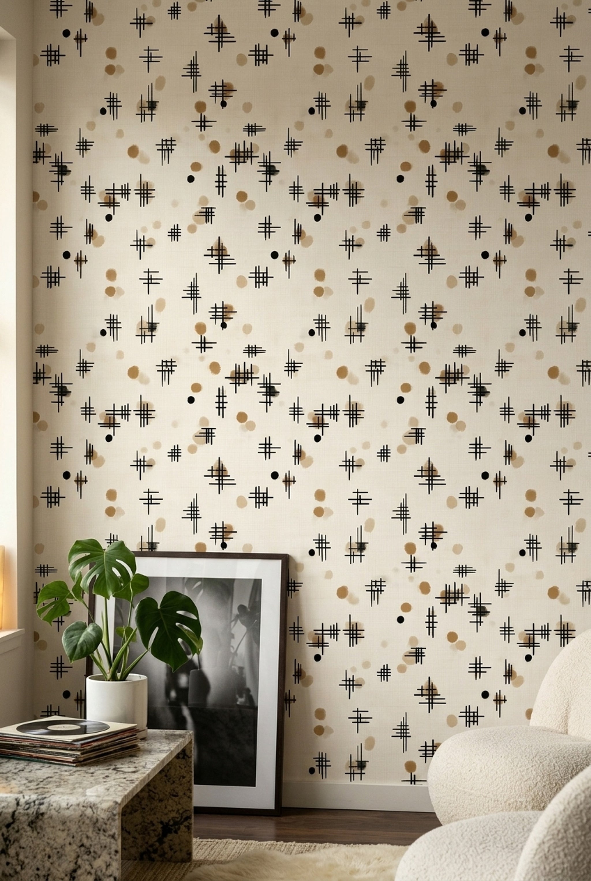 White Background Wallpaper Solid Black Mid Century Modern Decorative Mural