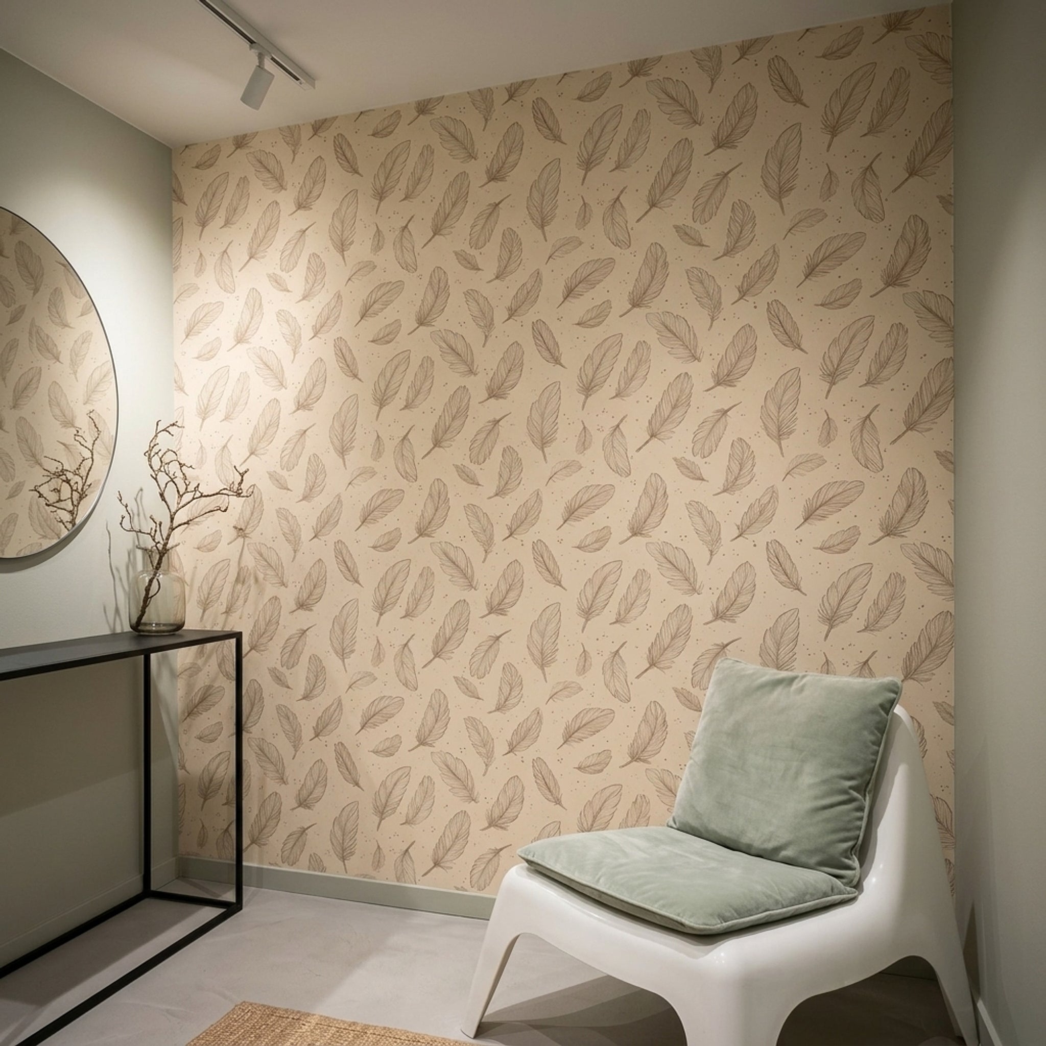 Feathers Wallpaper Line Art Beige Background Decorative Mural