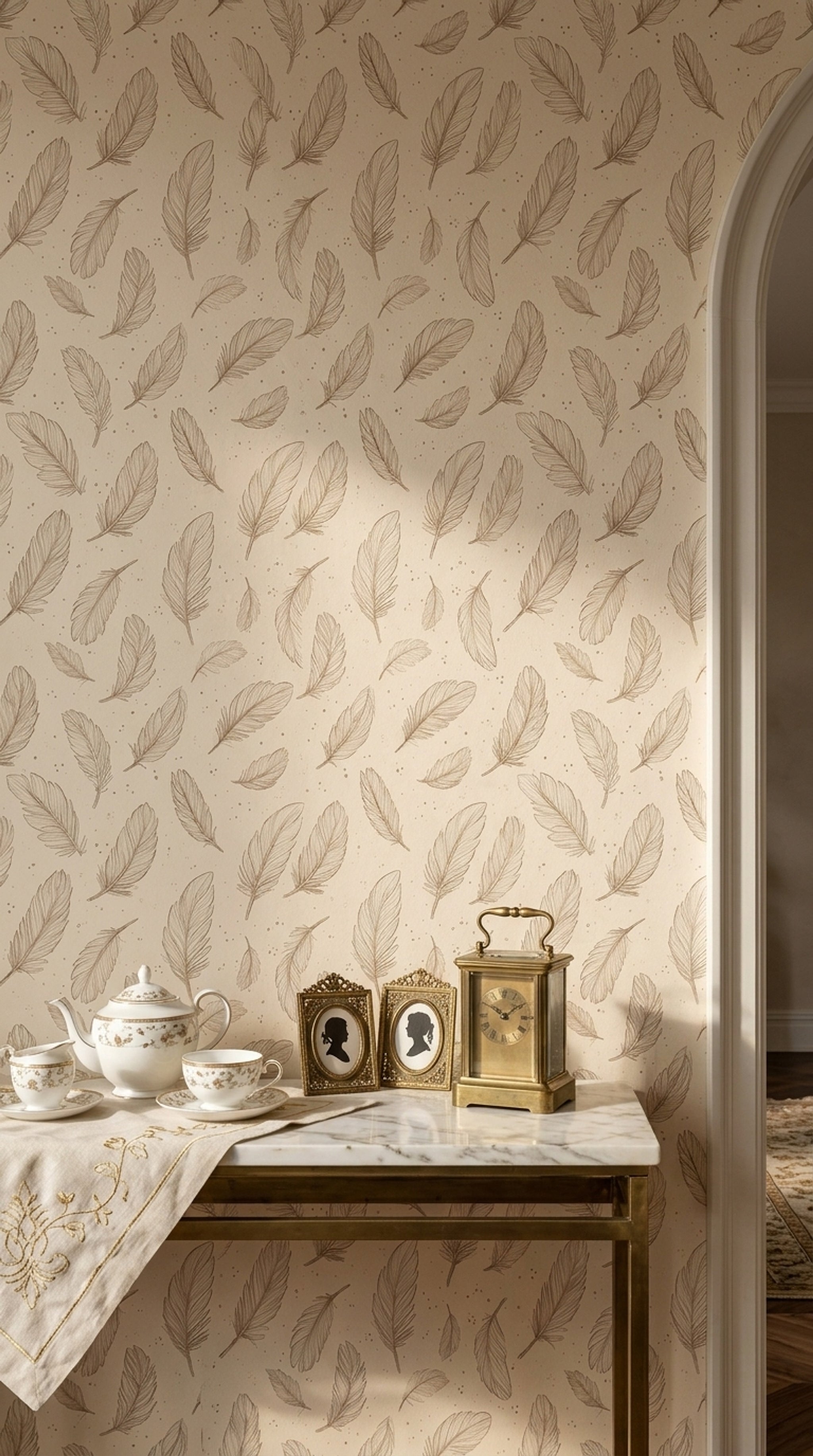 Feathers Wallpaper Line Art Beige Background Decorative Mural