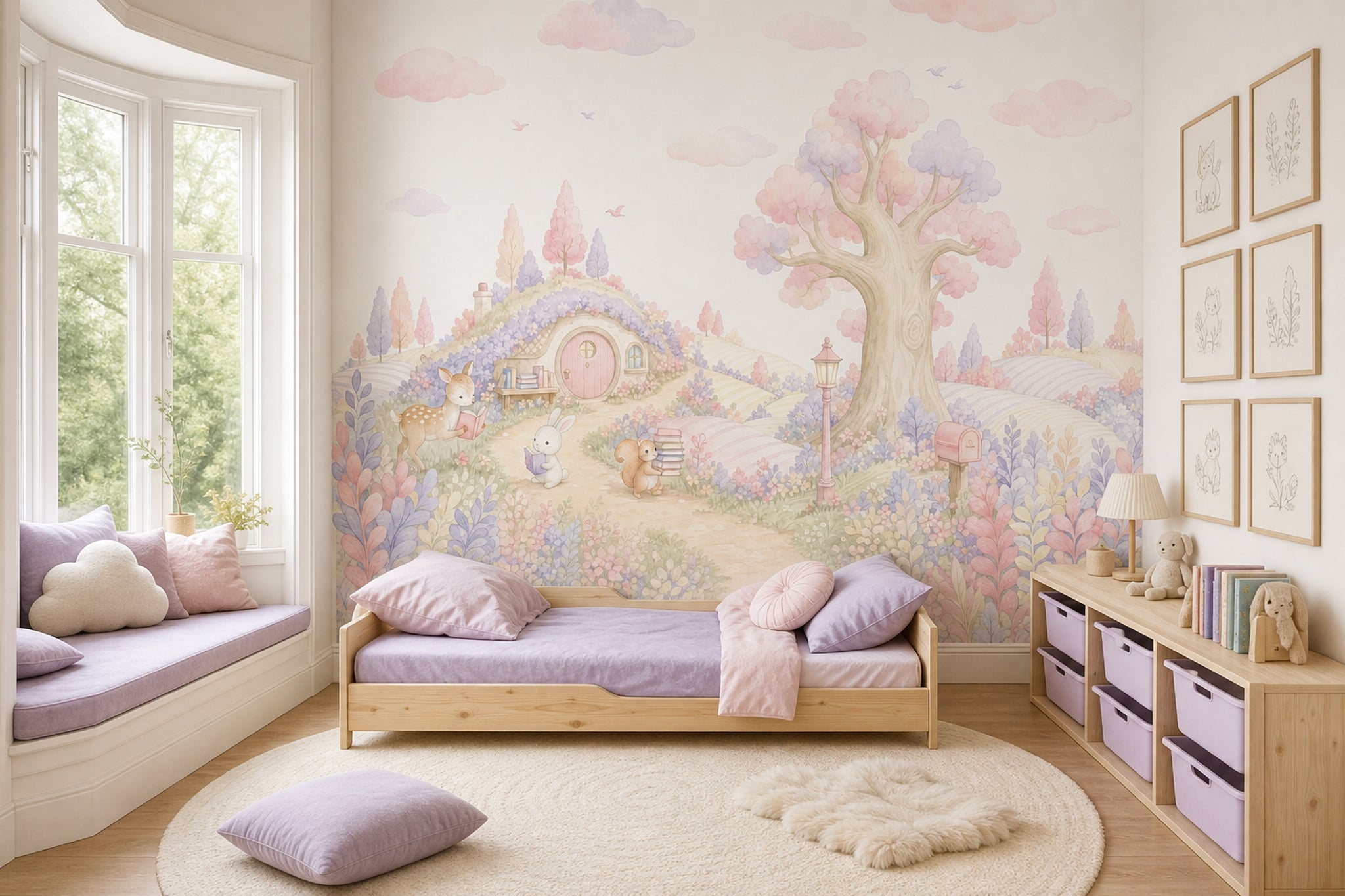 Storybook Landscape Wallpaper Pastel Cute Woodland Animals Removable Wall Decor