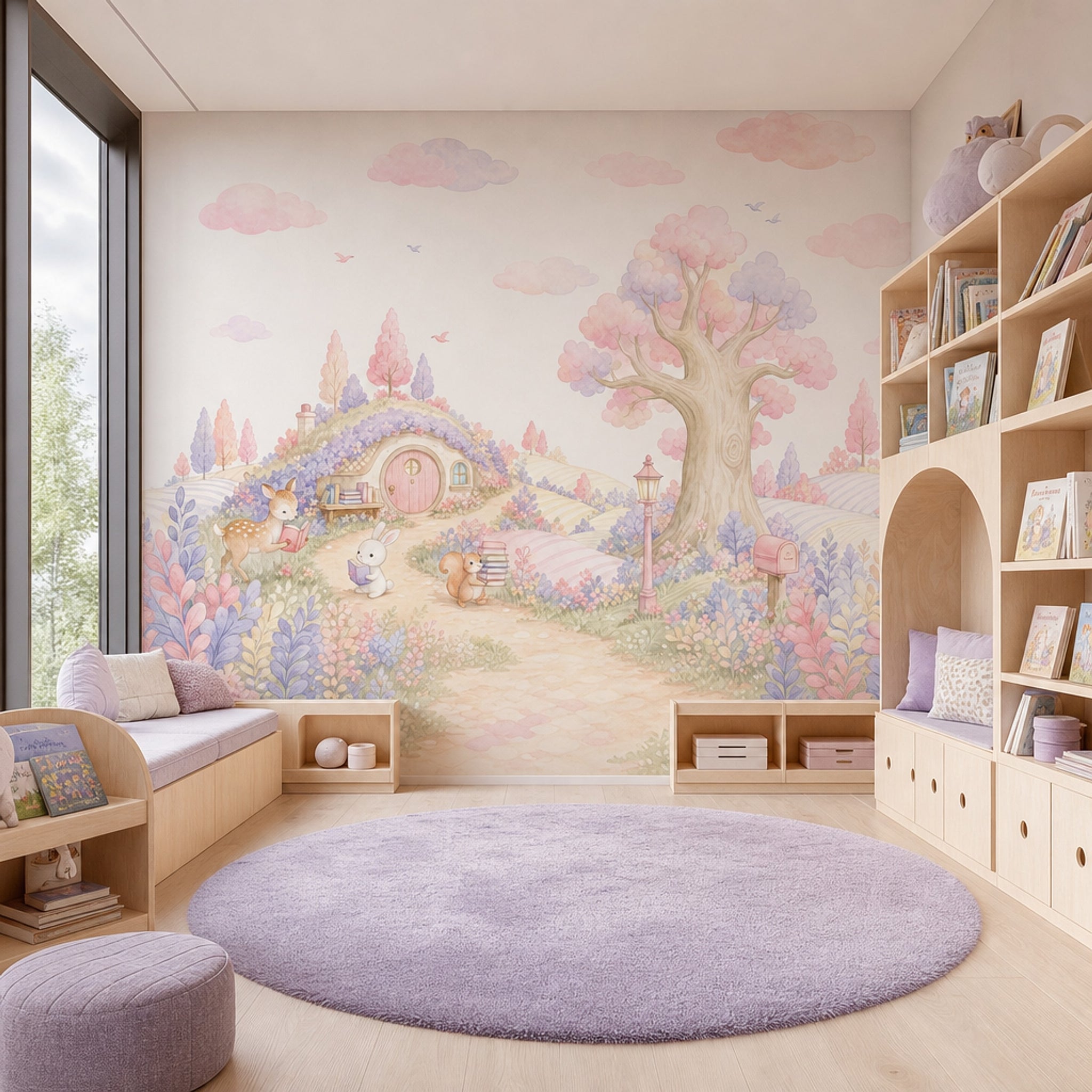 Storybook Landscape Wallpaper Pastel Cute Woodland Animals Removable Wall Decor