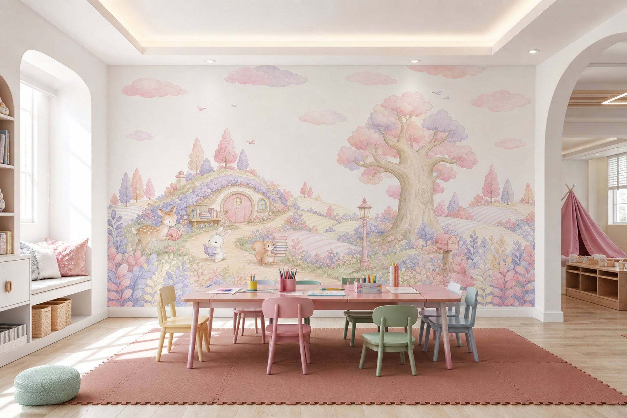 Storybook Landscape Wallpaper Pastel Cute Woodland Animals Removable Wall Decor