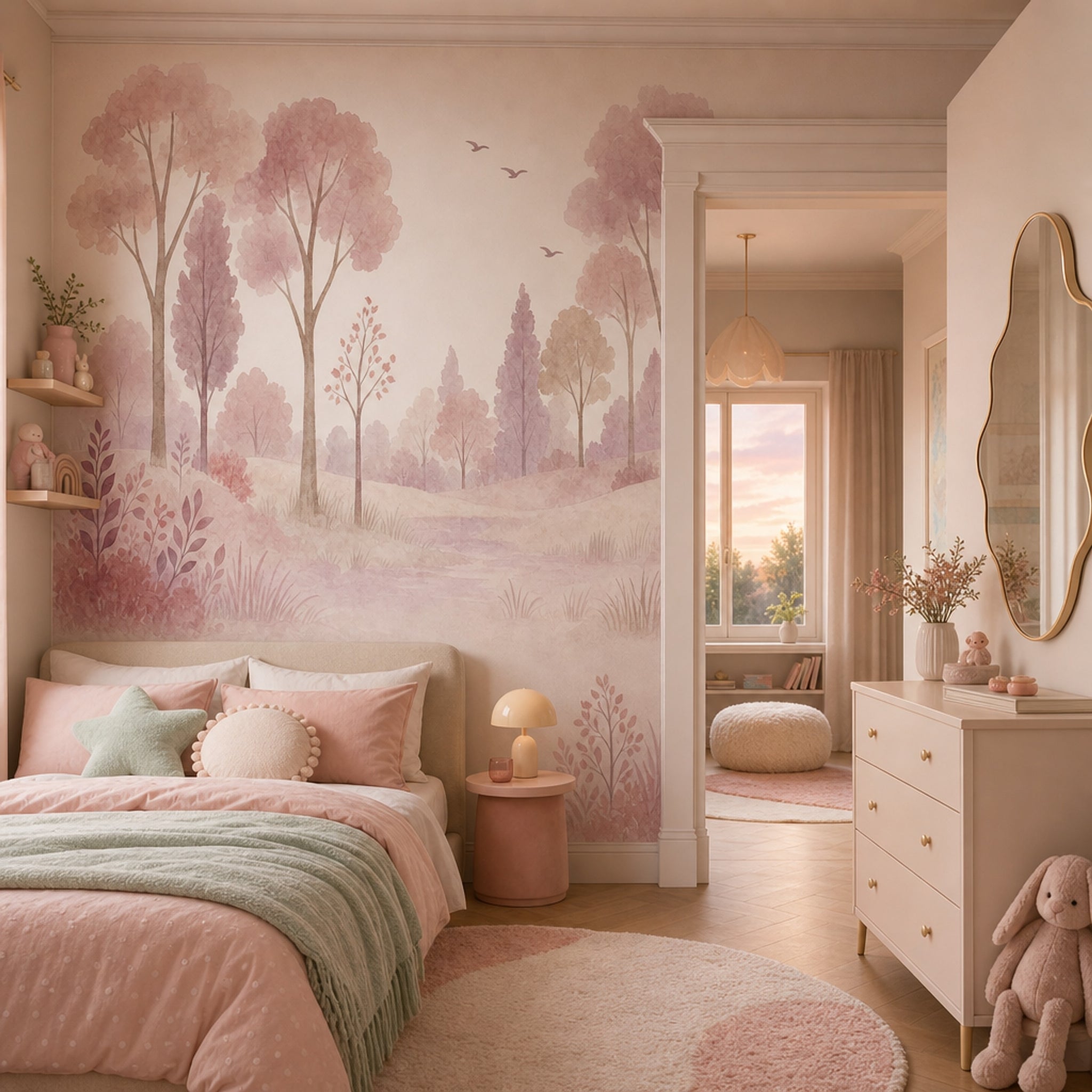 Woodland Landscape Wallpaper Watercolor Pastel Pink Wall Mural