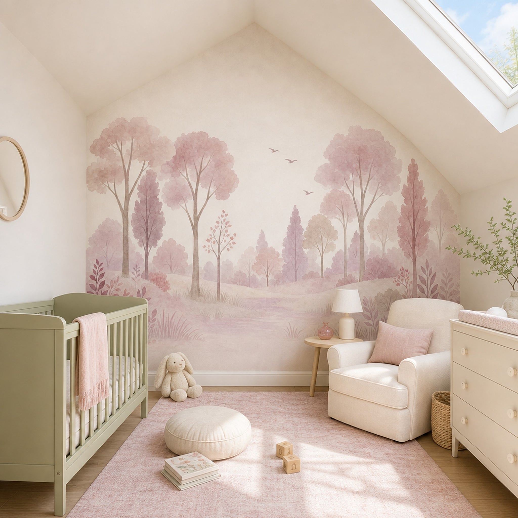Woodland Landscape Wallpaper Watercolor Pastel Pink Wall Mural