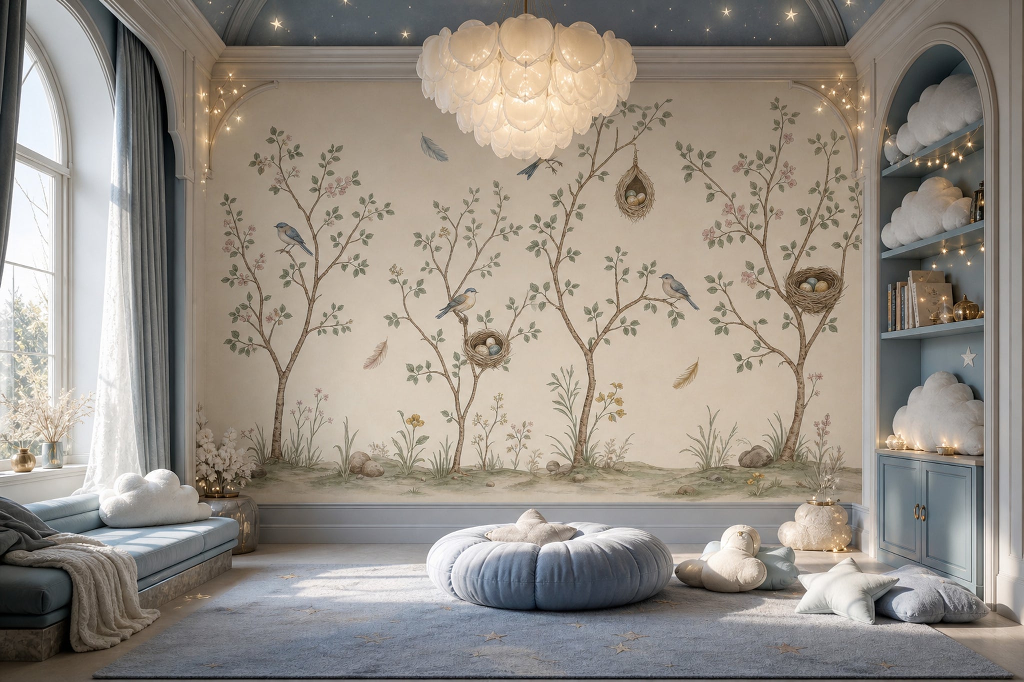 Bird And Nest Wallpaper Botanical Branches Soft Watercolor Removable Wall Decor
