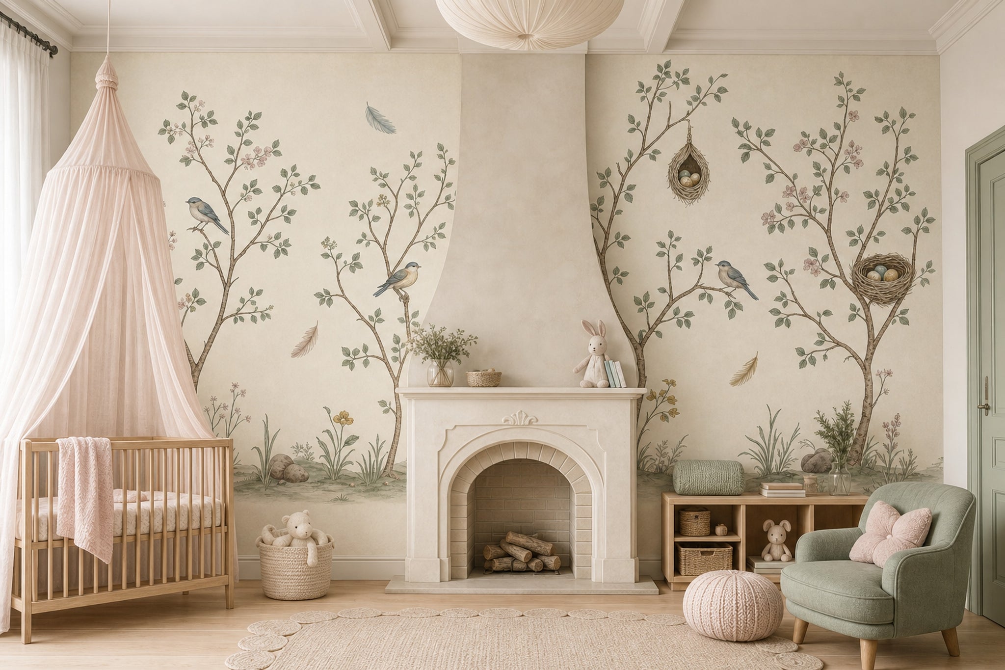 Bird And Nest Wallpaper Botanical Branches Soft Watercolor Removable Wall Decor