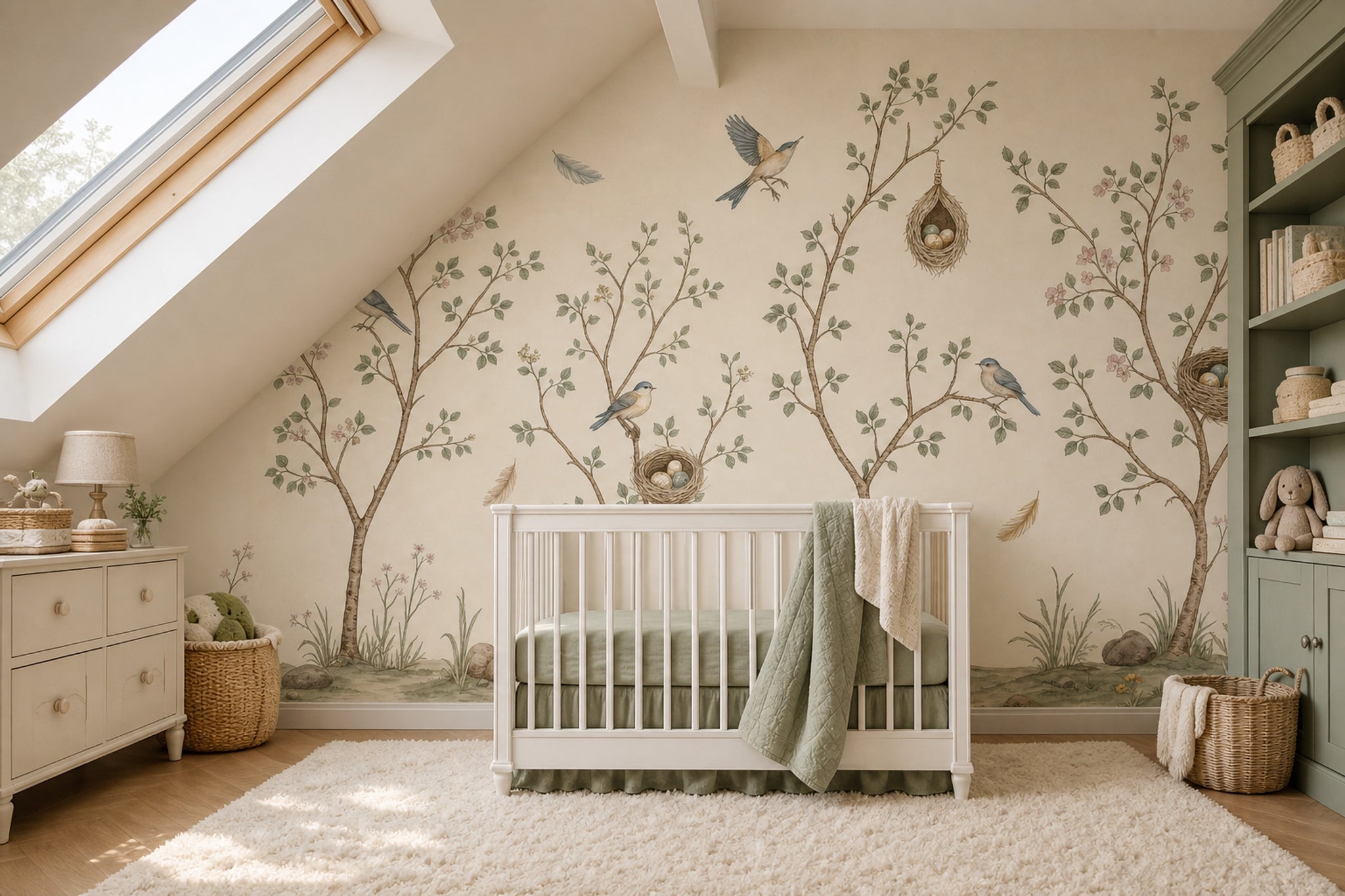Bird And Nest Wallpaper Botanical Branches Soft Watercolor Removable Wall Decor