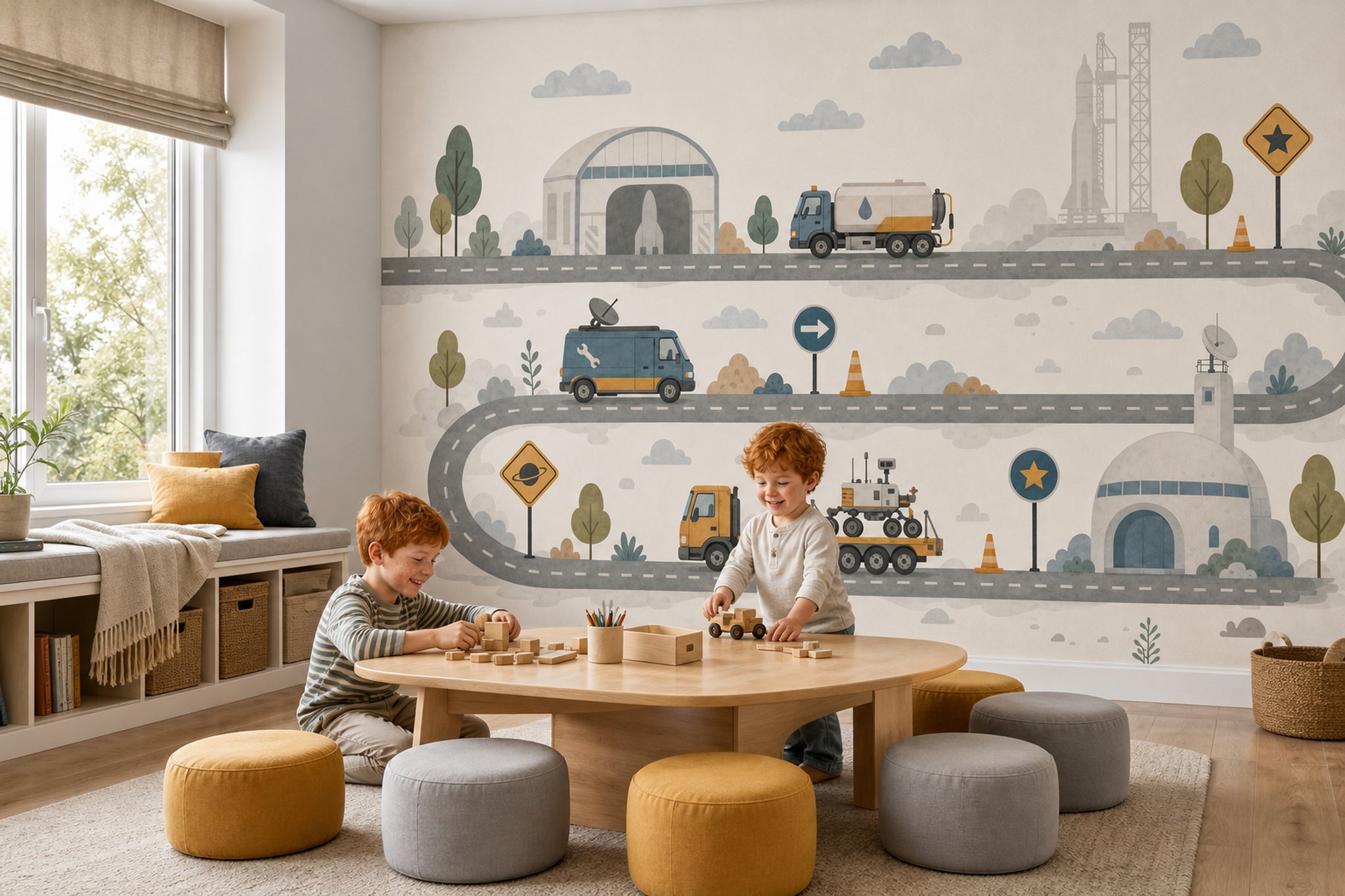 Space Theme Wallpaper Roadway Landscape Vehicles Removable Wall Decor