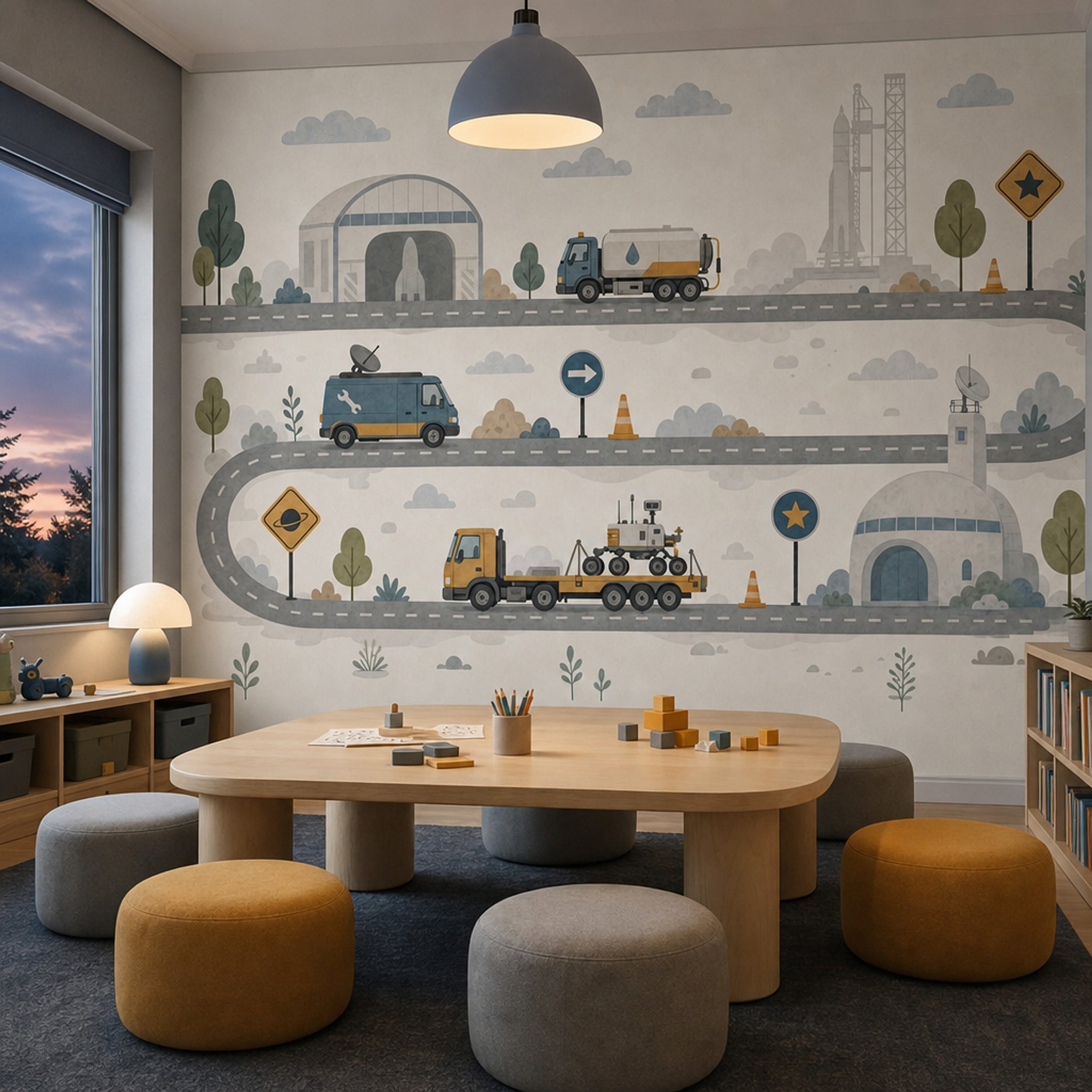 Space Theme Wallpaper Roadway Landscape Vehicles Removable Wall Decor