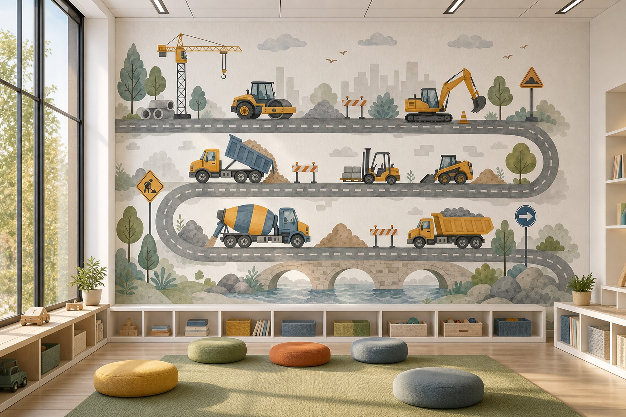 Construction Vehicles Wallpaper Roadwork Winding Road Wall Mural