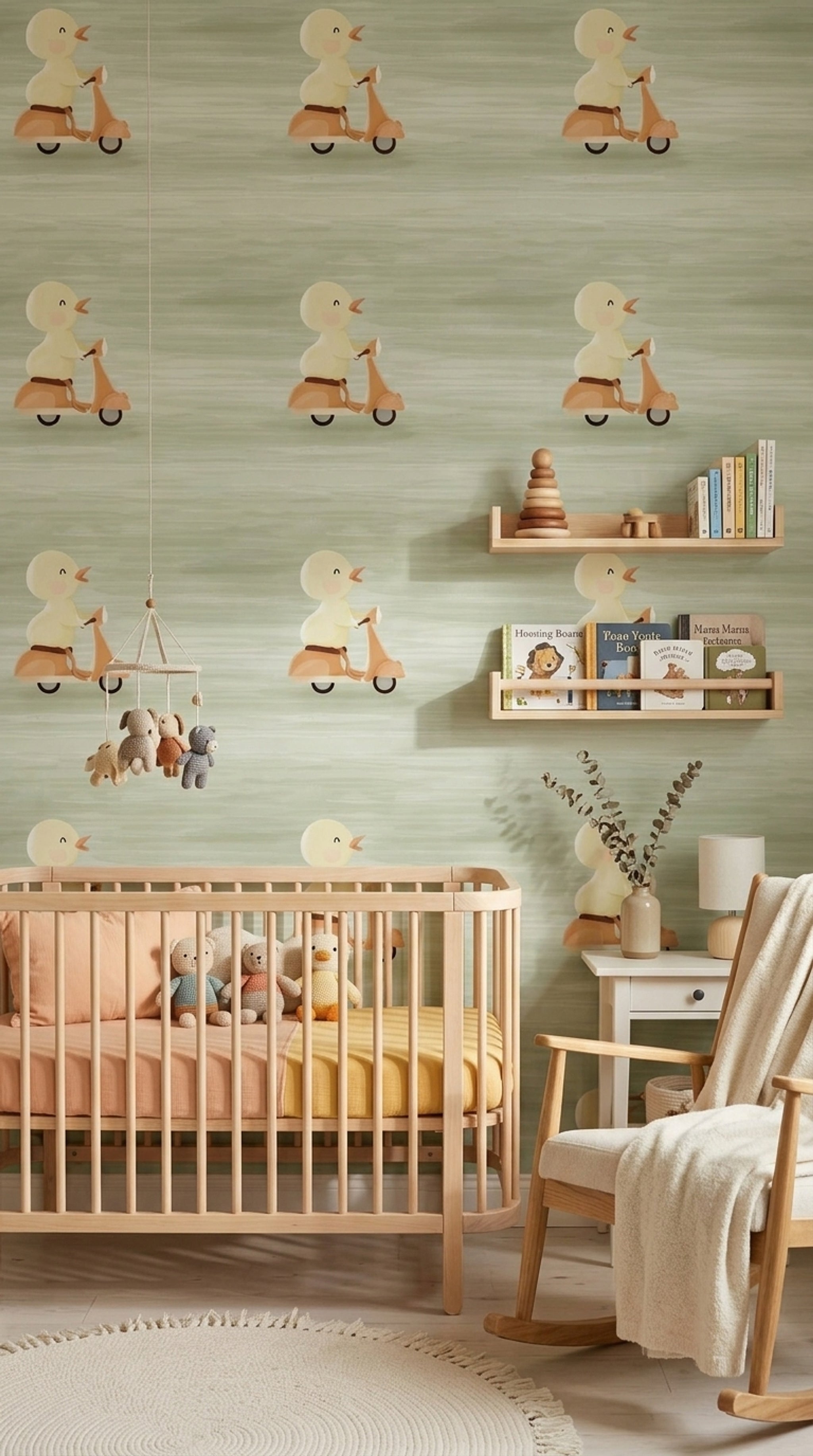 Cute Duck Wallpaper Scooter Removable Kids Illustration Wall Double Roll