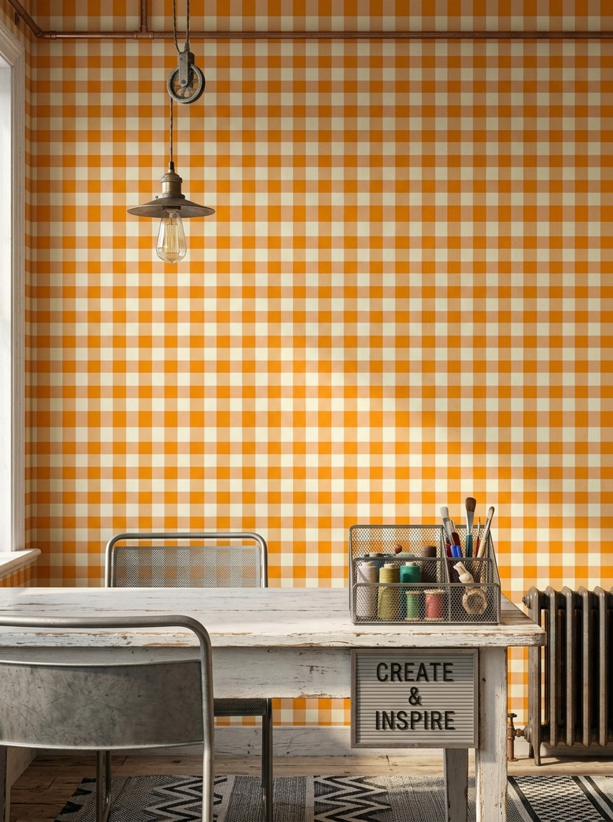 Orange Gingham Wallpaper Checkered Pattern Farmhouse Kitchen Removable Wall Decor