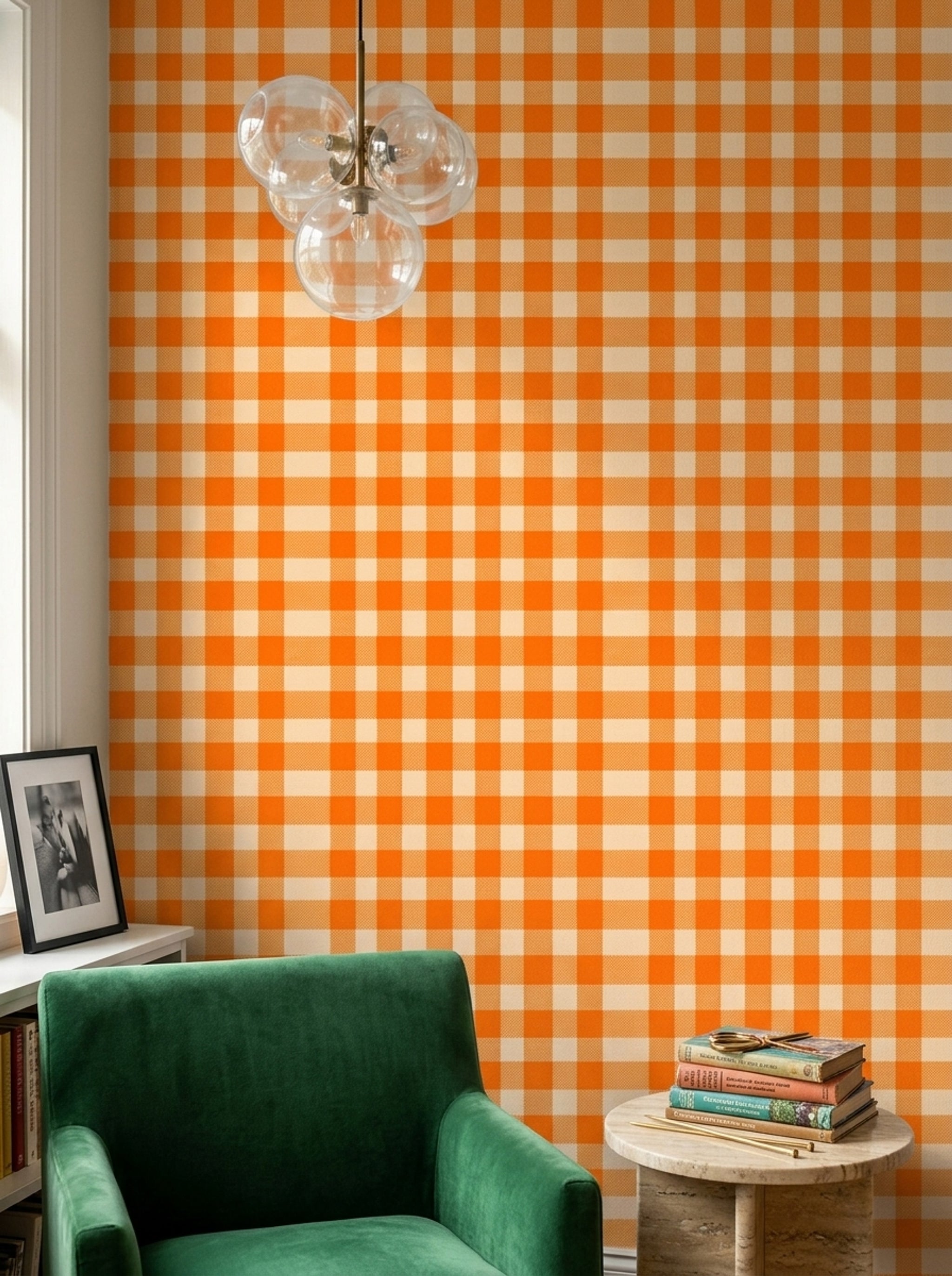 Orange Gingham Wallpaper Checkered Pattern Picnic Tablecloth Decorative Mural