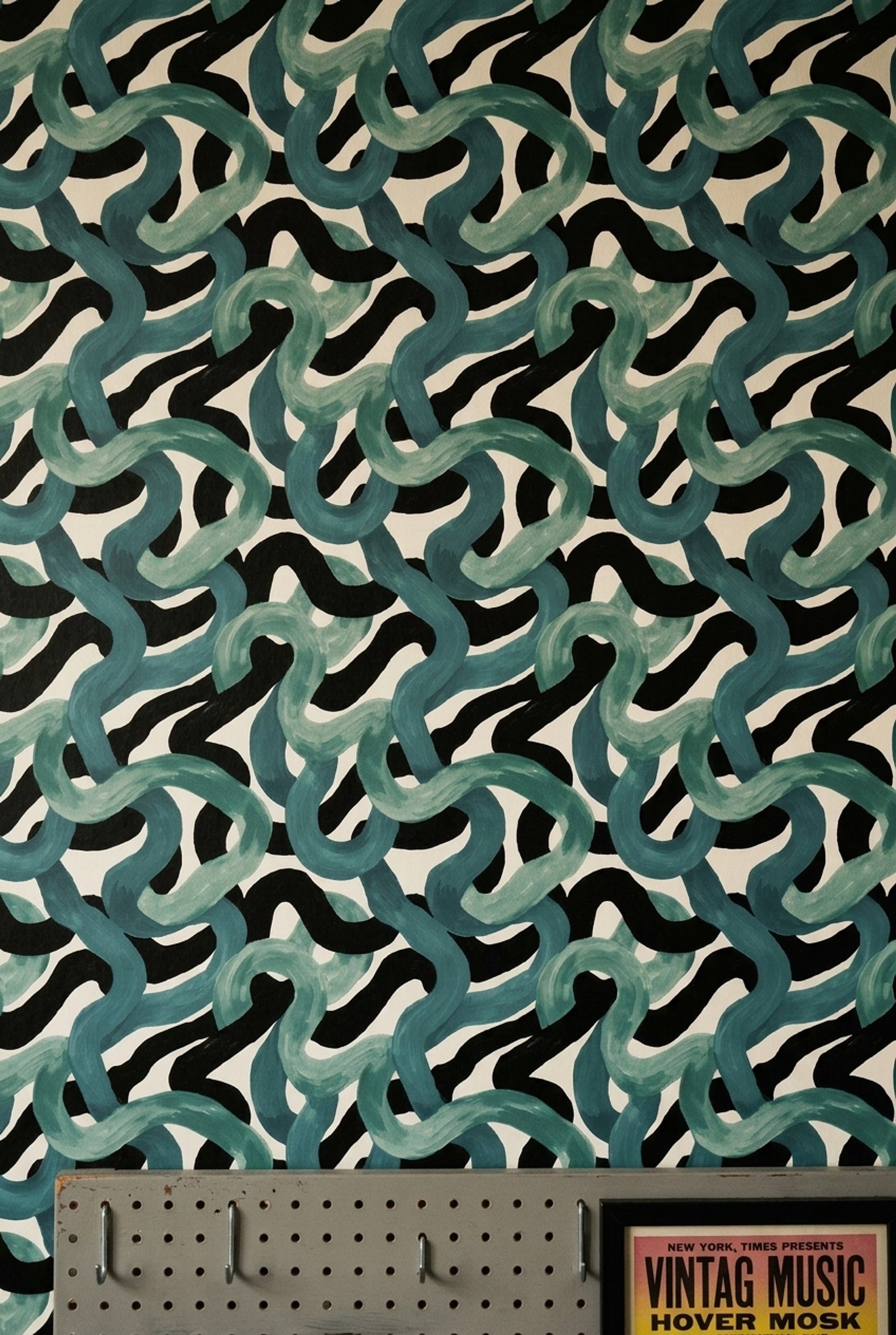 Teal Brushstrokes Wallpaper Black Wavy Stripes High Contrast Decorative Mural