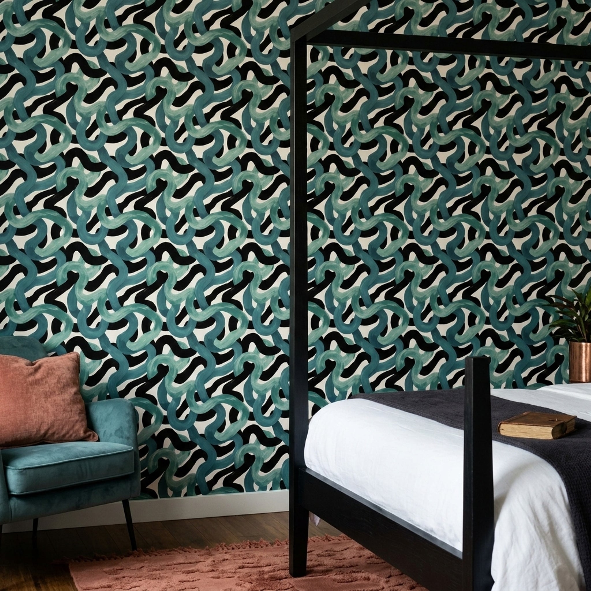 Teal Brushstrokes Wallpaper Black Wavy Stripes High Contrast Decorative Mural