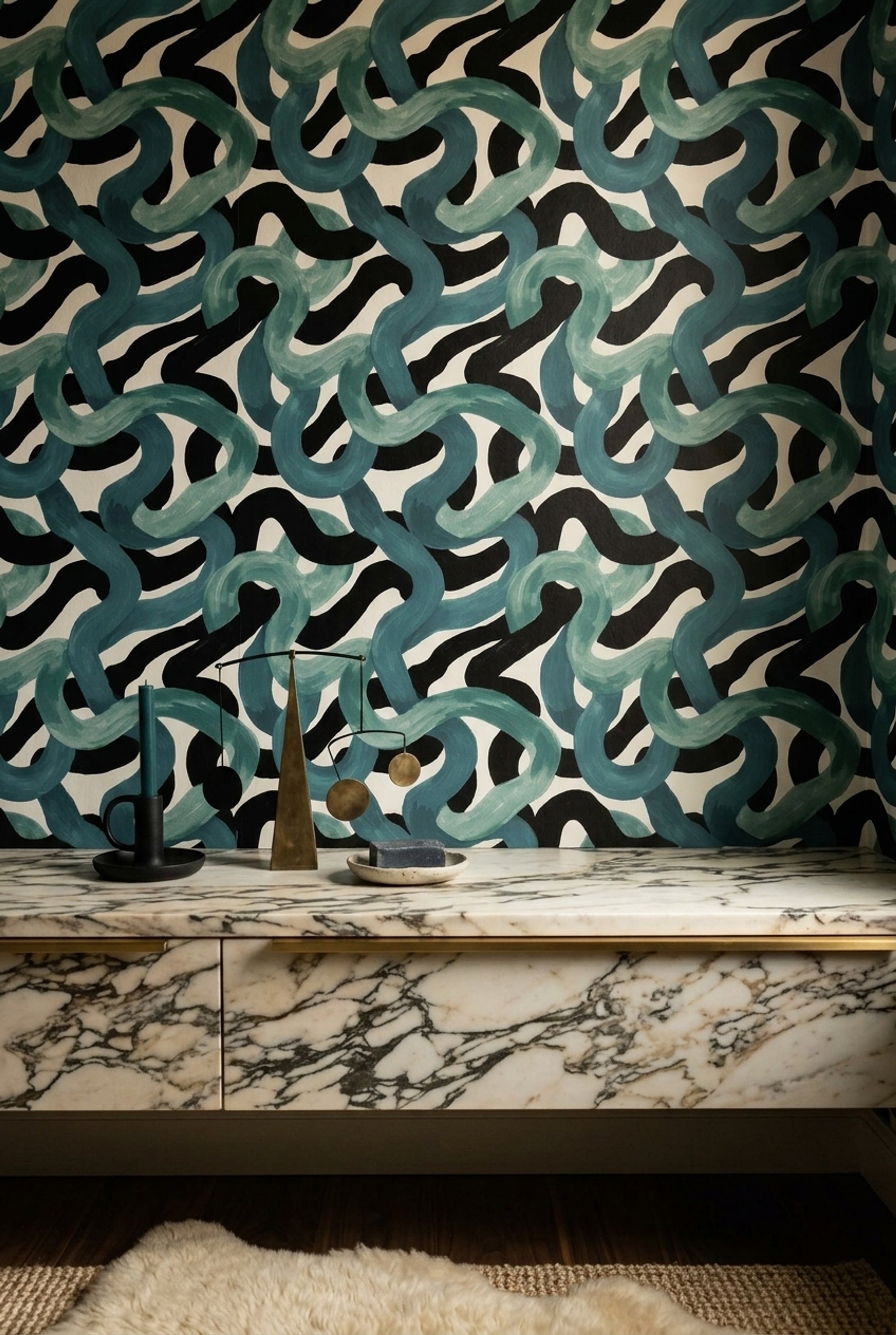 Teal Brushstrokes Wallpaper Black Wavy Stripes High Contrast Decorative Mural