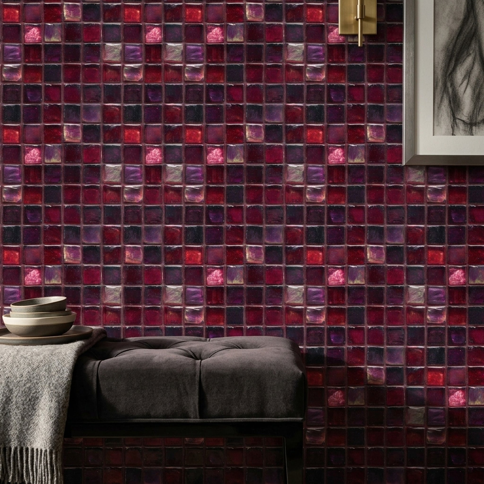 Red Glass Mosaic Wallpaper Square Tile Grid Geometric Pattern Decorative Mural