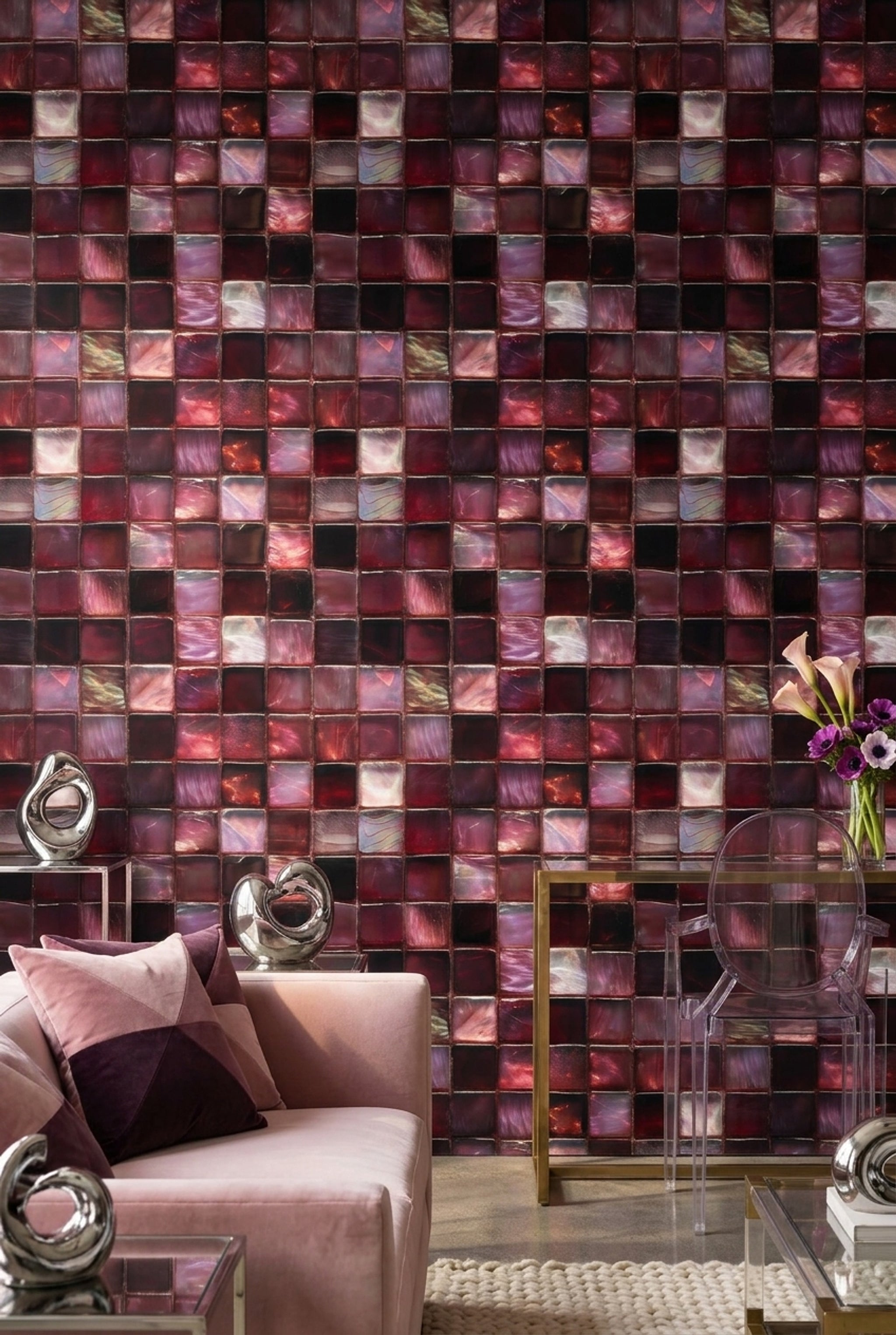 Abstract Mosaic Wallpaper Glass Tiles Removable Geometric Grid Wall Double Roll