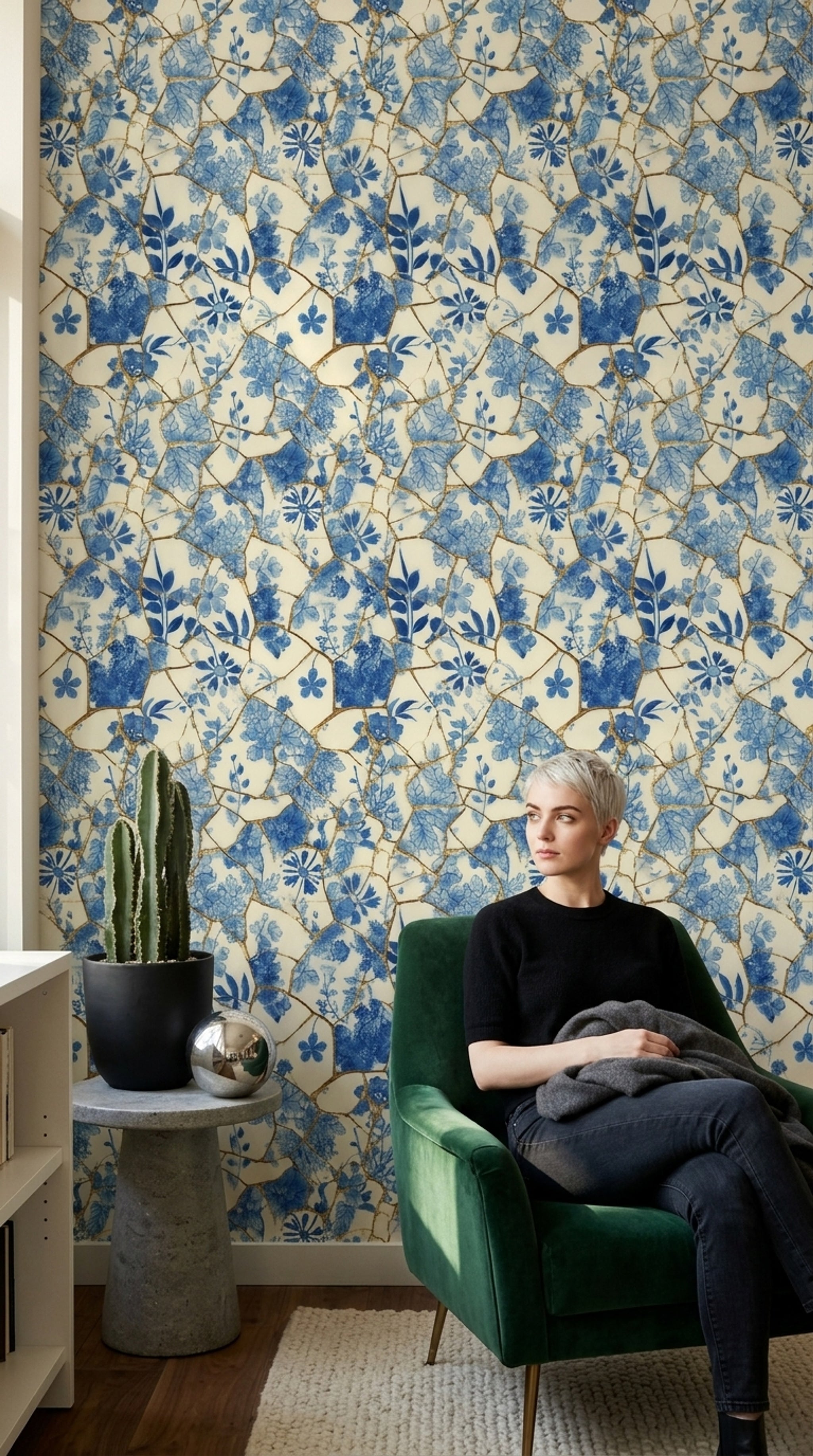 White Background Wallpaper Floral Removable Kintsugi Wall Double Roll