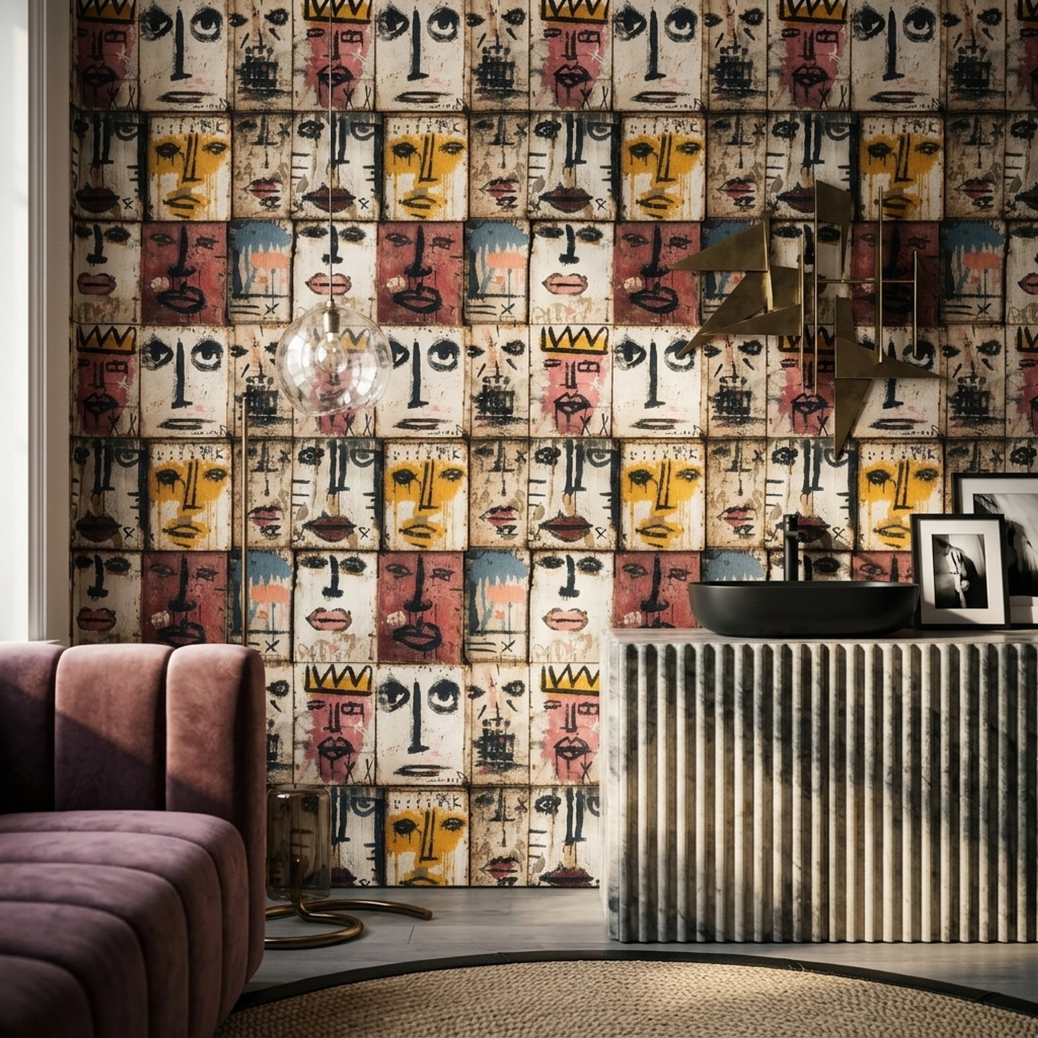 Abstract Faces Wallpaper Graffiti Mural Painted Wood Panels Decorative Mural