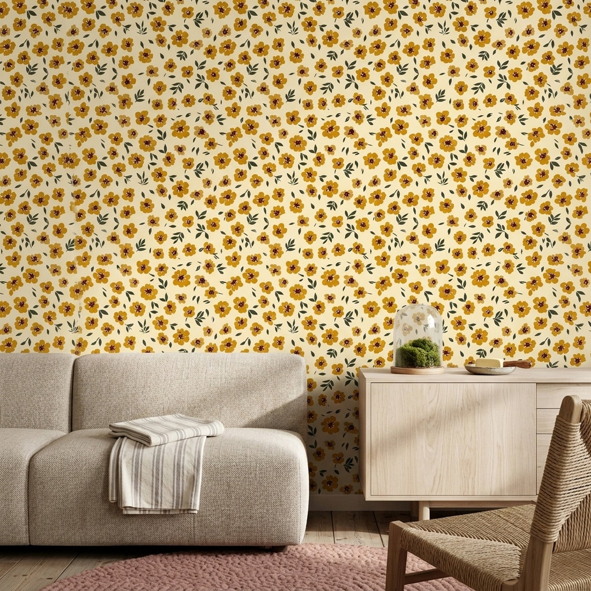 Mustard Yellow Flowers Wallpaper Cream Background Modern Botanical Decorative Mural