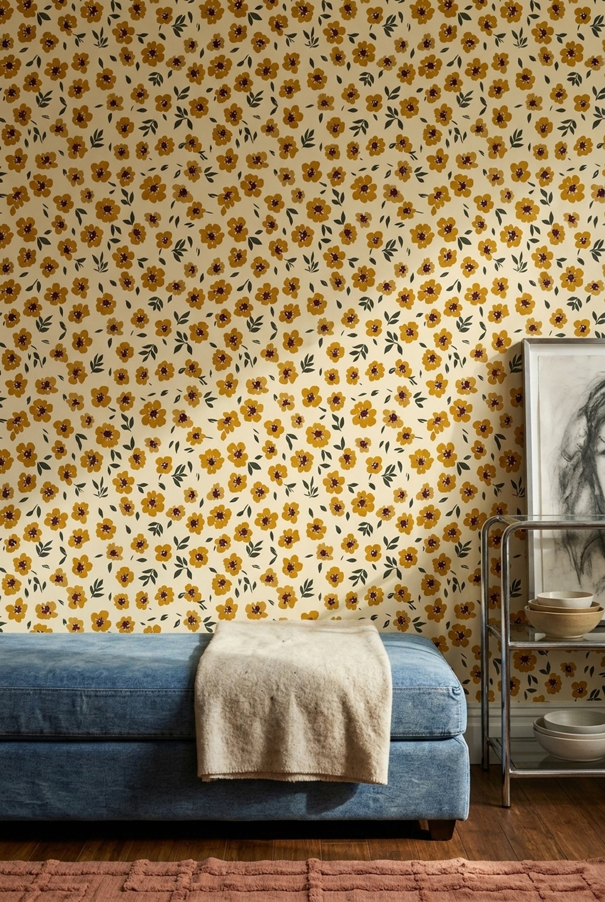 Mustard Yellow Flowers Wallpaper Cream Background Modern Botanical Decorative Mural