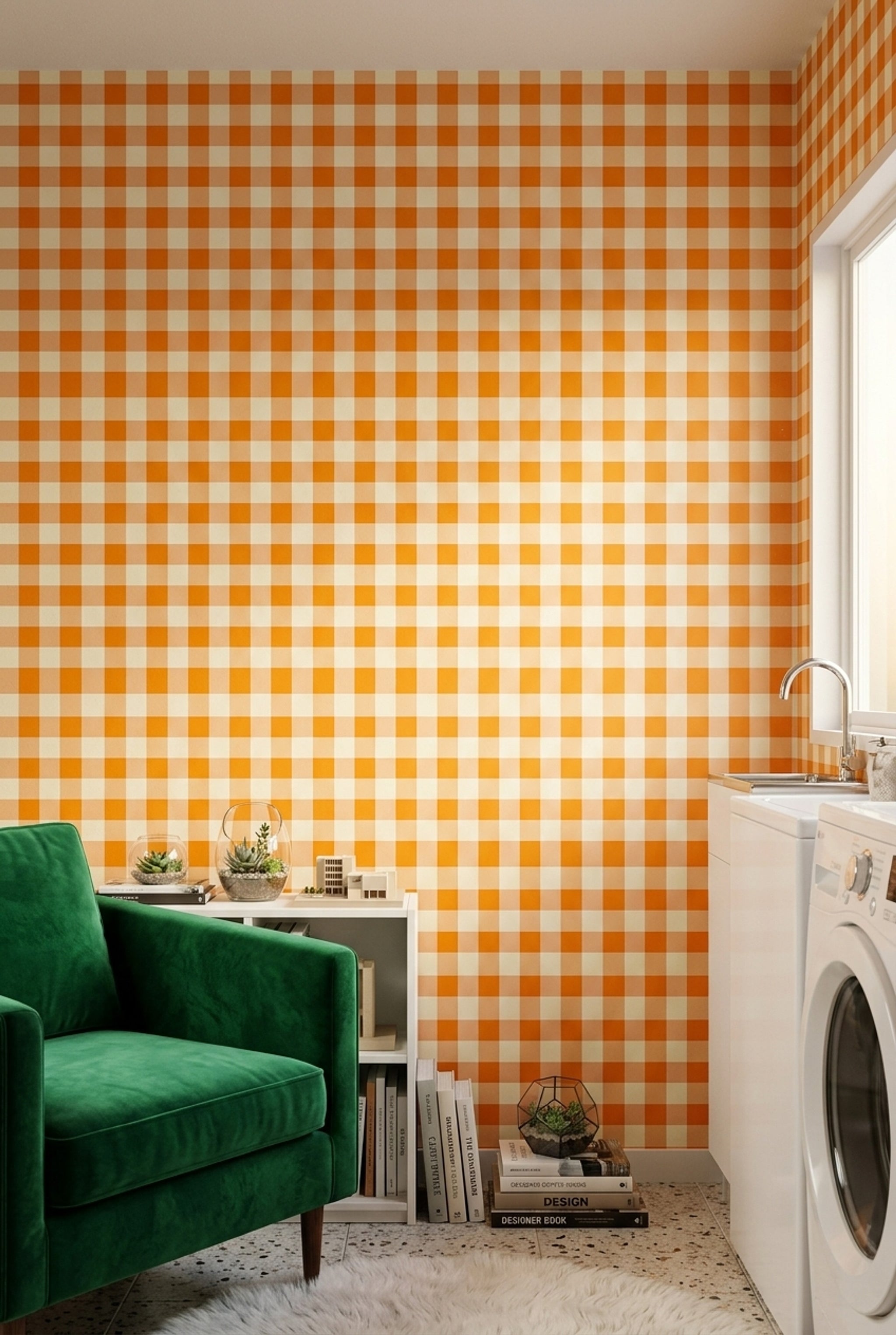 Orange Gingham Wallpaper Checkered Pattern Farmhouse Kitchen Removable Wall Decor