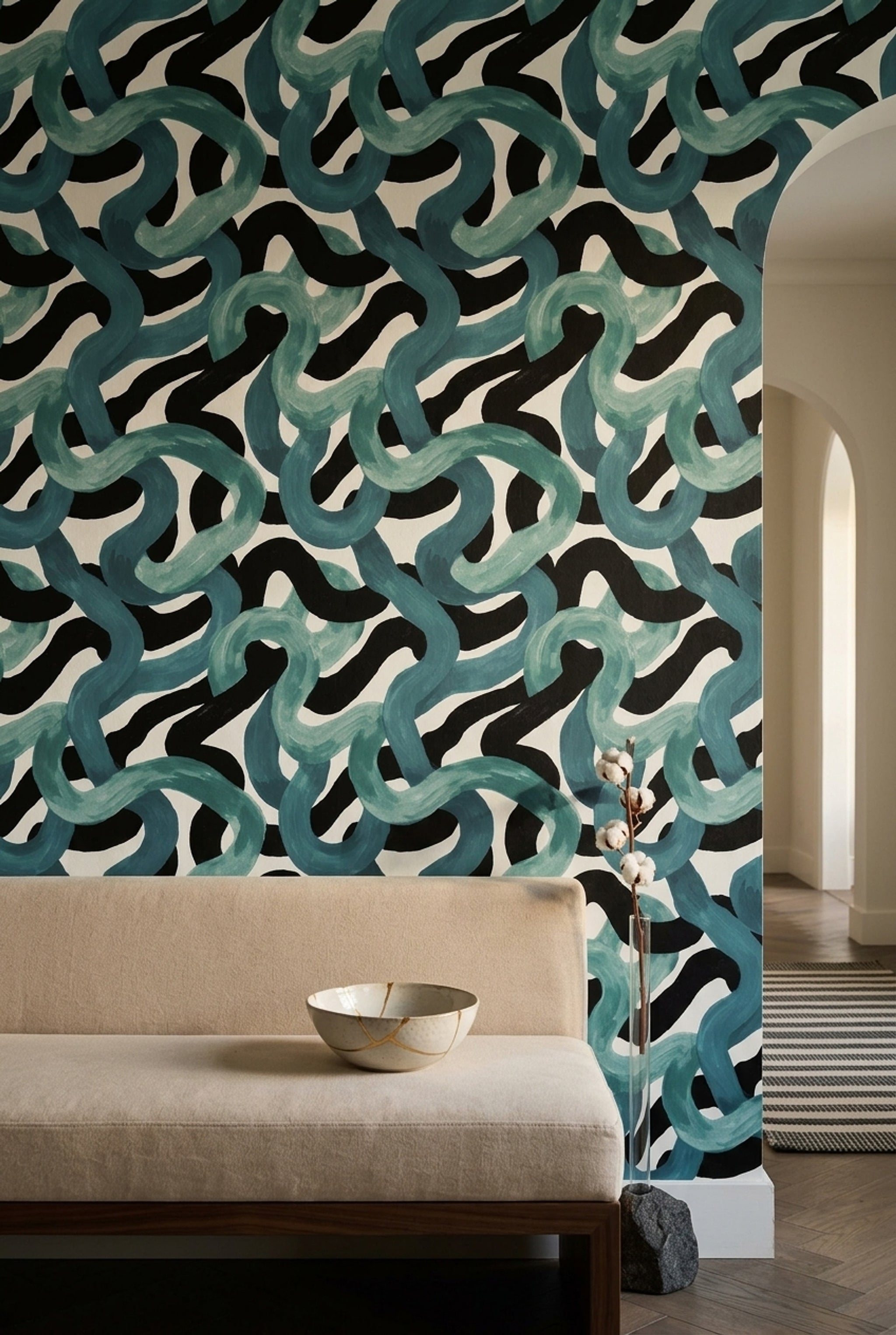 Teal Brushstrokes Wallpaper Black Wavy Stripes High Contrast Decorative Mural