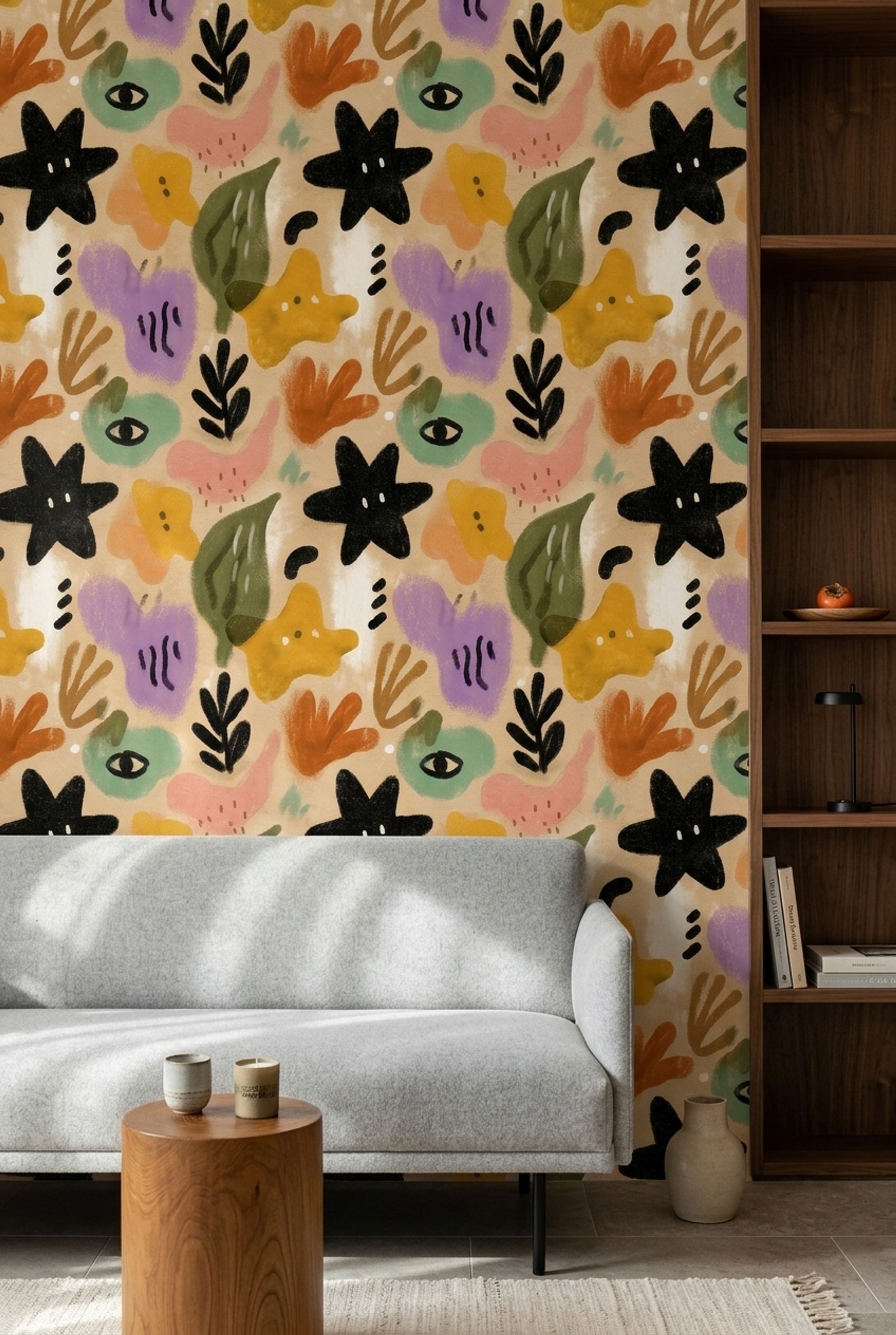 Abstract Botanical Wallpaper Hand Painted Beige Background Removable Wall Decor