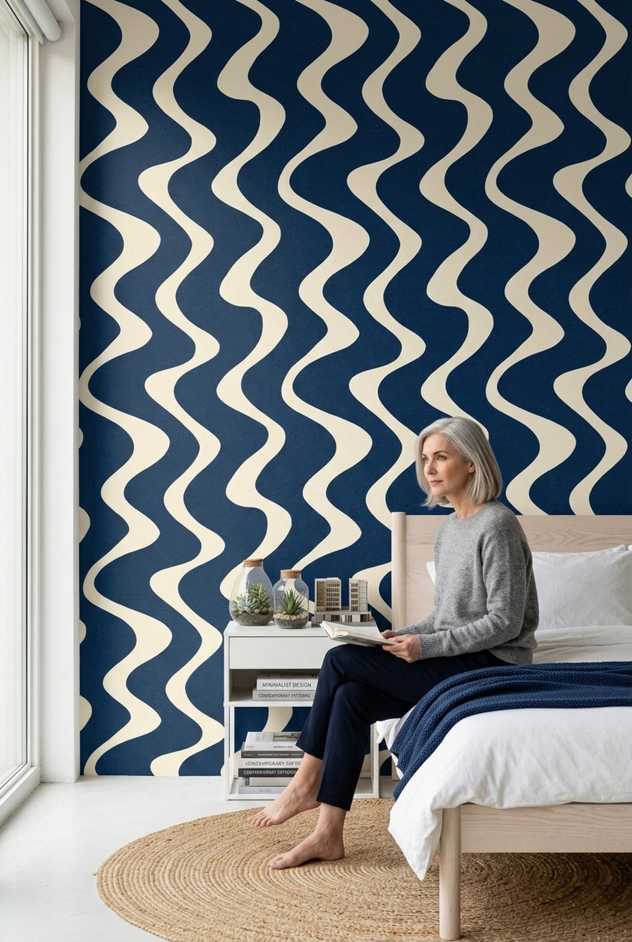 Dark Navy Wallpaper Wavy Stripes Removable Abstract Geometric Wall Double Roll