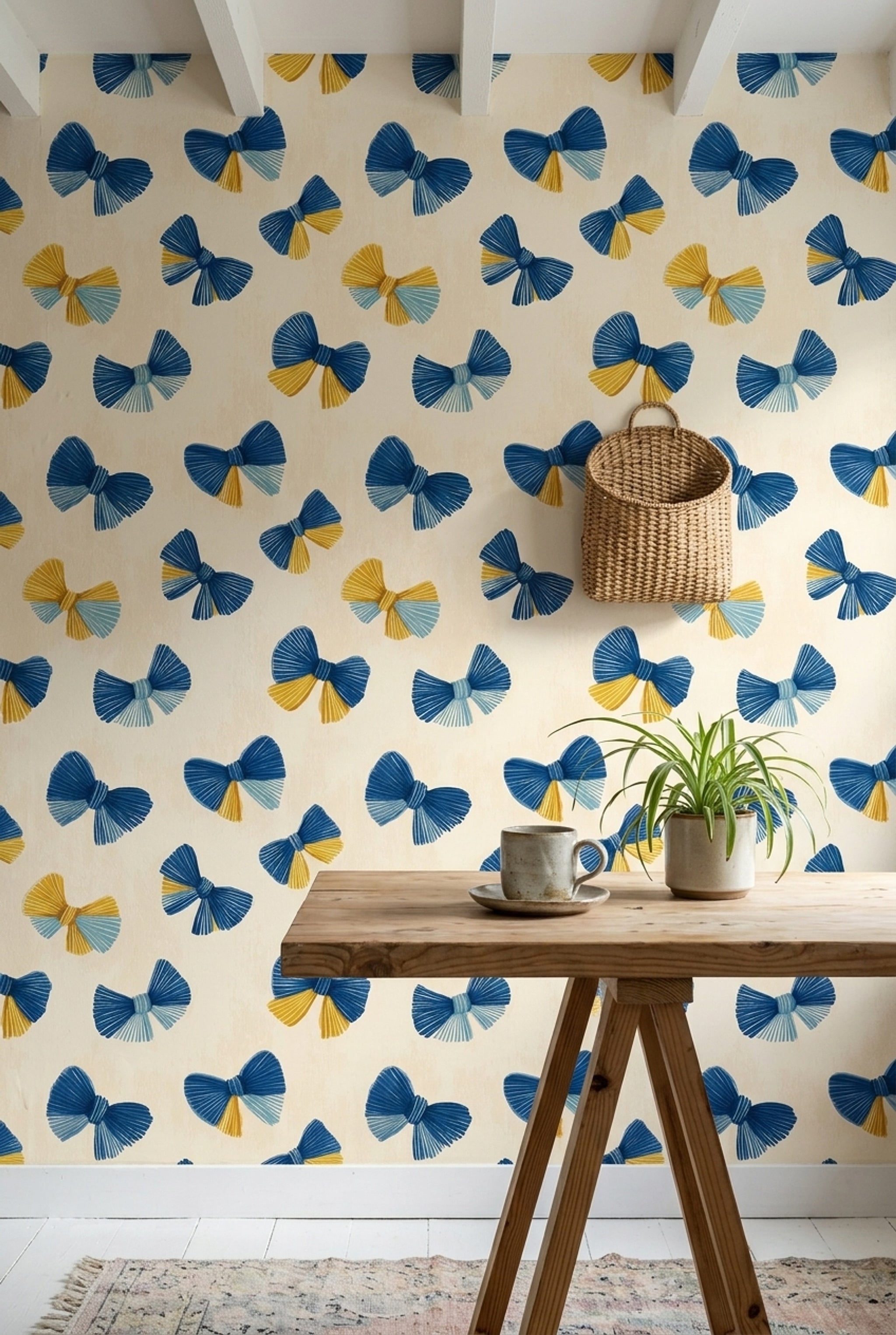 Abstract Bows Wallpaper Navy Blue Removable Mustard Yellow Accents Wall Double Roll
