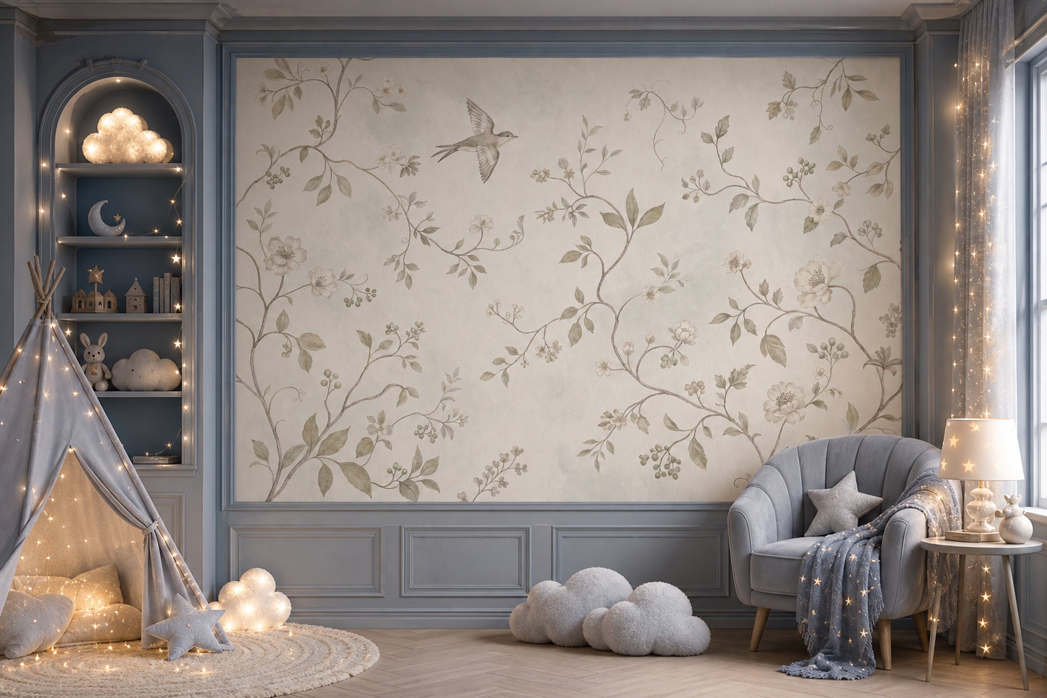 Botanical Vines Wallpaper Soft Floral Bird In Flight Wall Mural