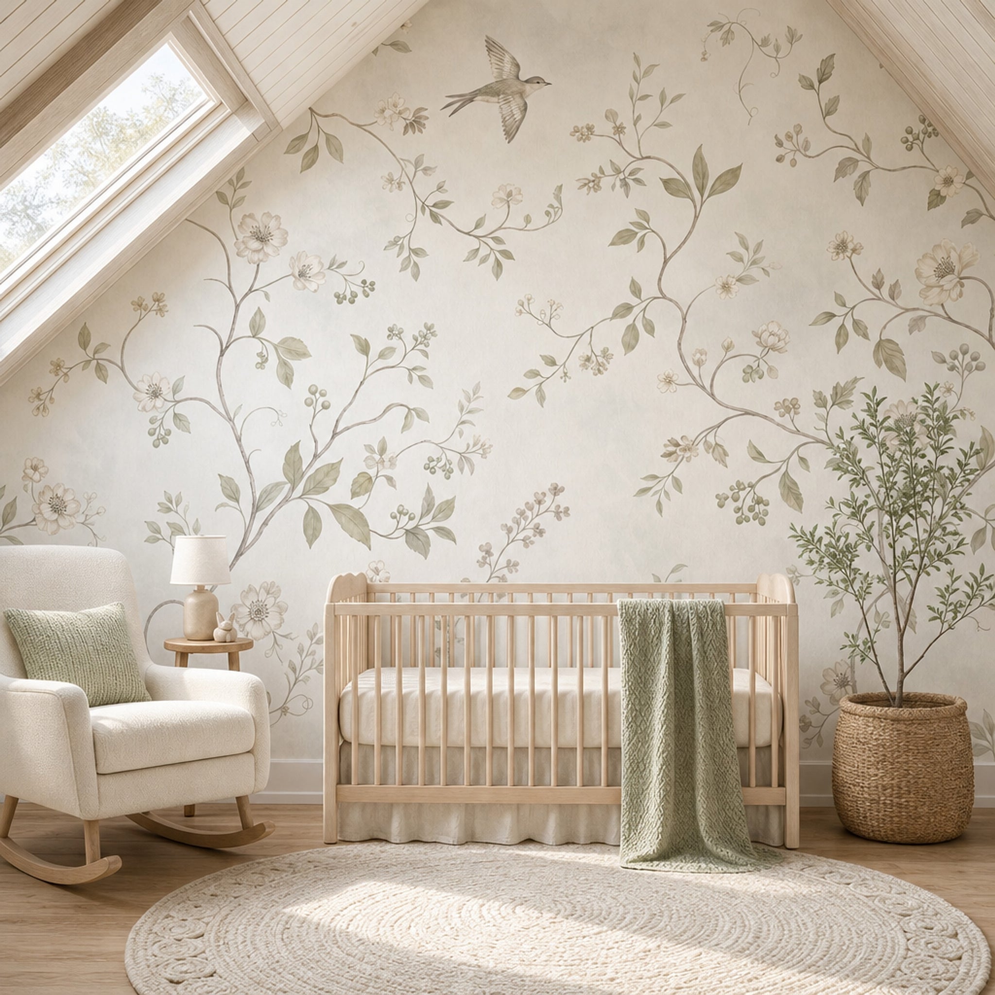 Botanical Vines Wallpaper Soft Floral Bird In Flight Wall Mural