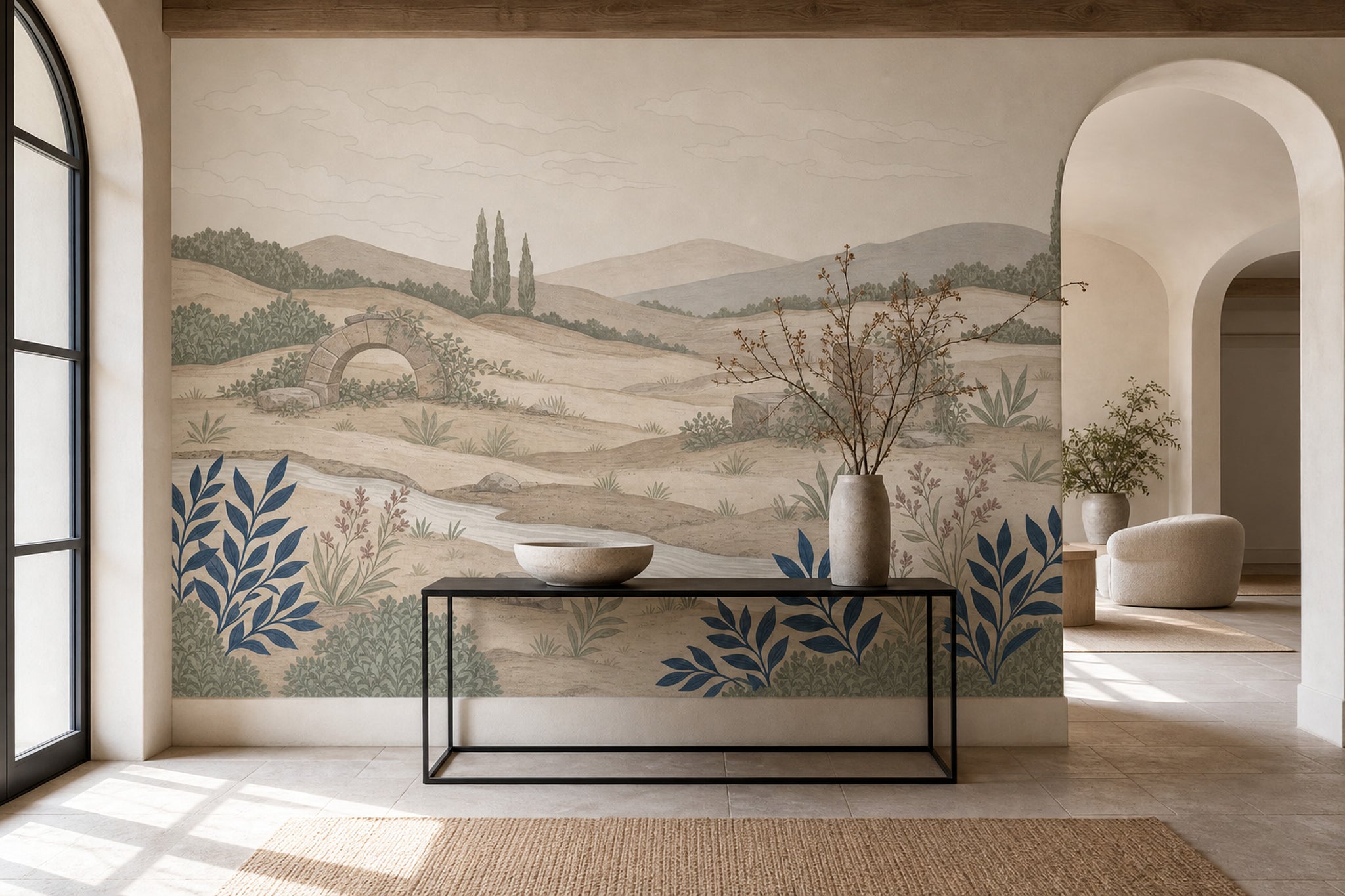 Mediterranean Countryside Wallpaper Rolling Hills Soft Vintage Mural Wall Mural
