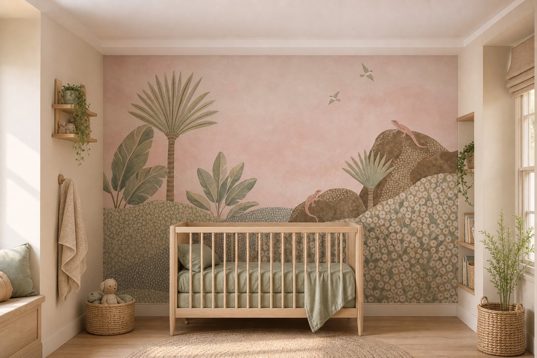 Pastel Pink Sky Wallpaper Stylized Landscape Palm Trees Wall Mural