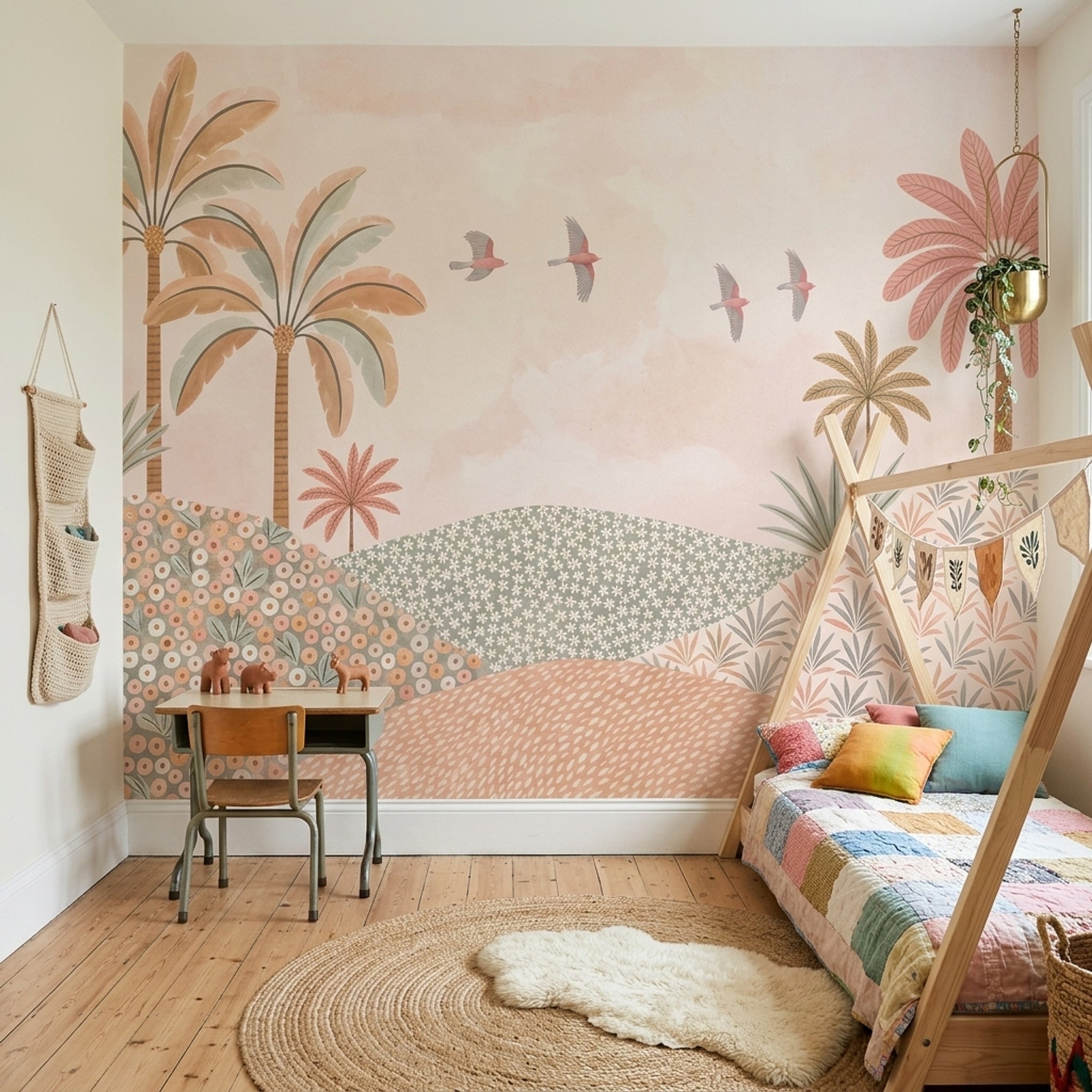 Pastel Landscape Wallpaper Tropical Palms Whimsical Mural Wall Mural