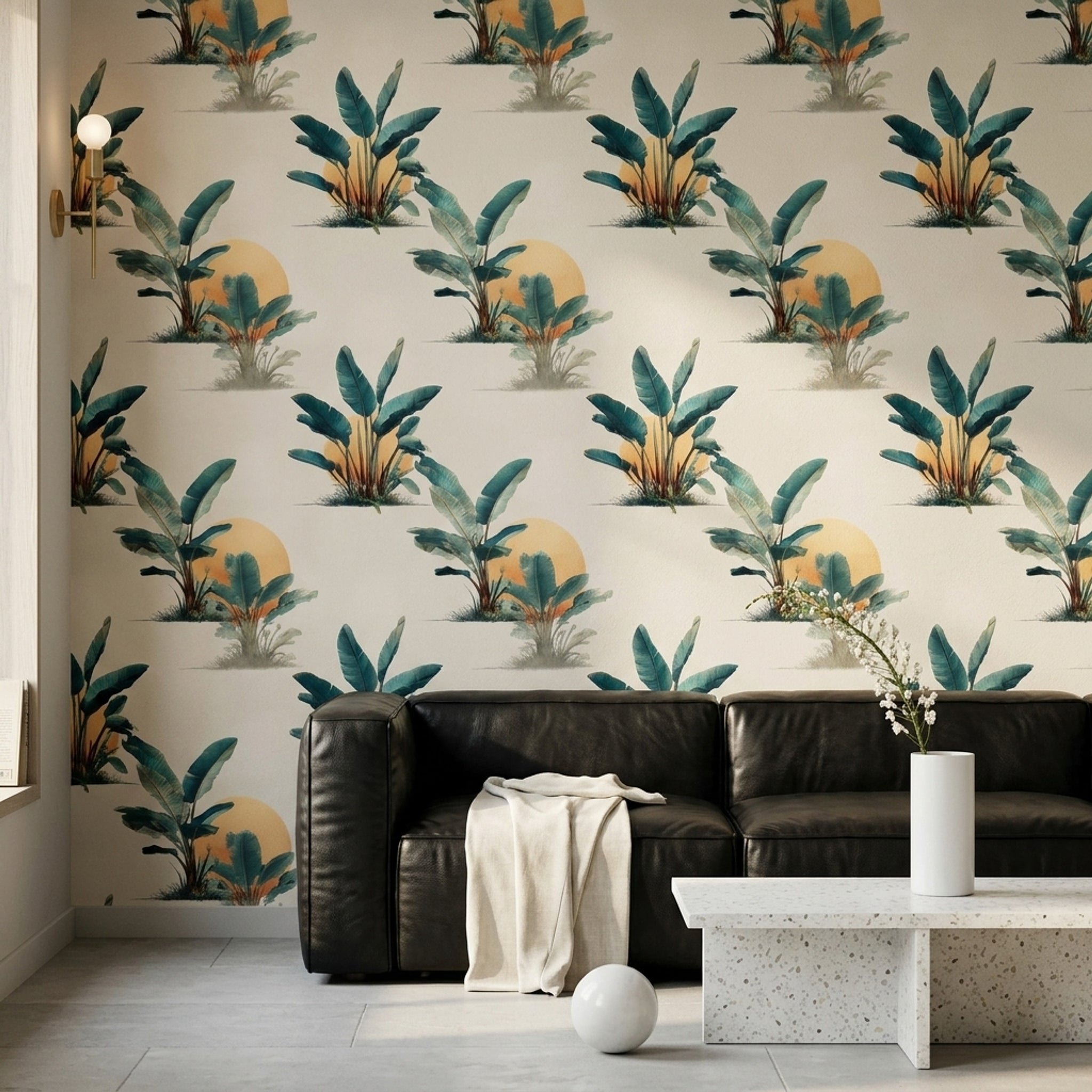 Tropical Botanical Wallpaper Banana Leaves Cream Background Decorative Mural