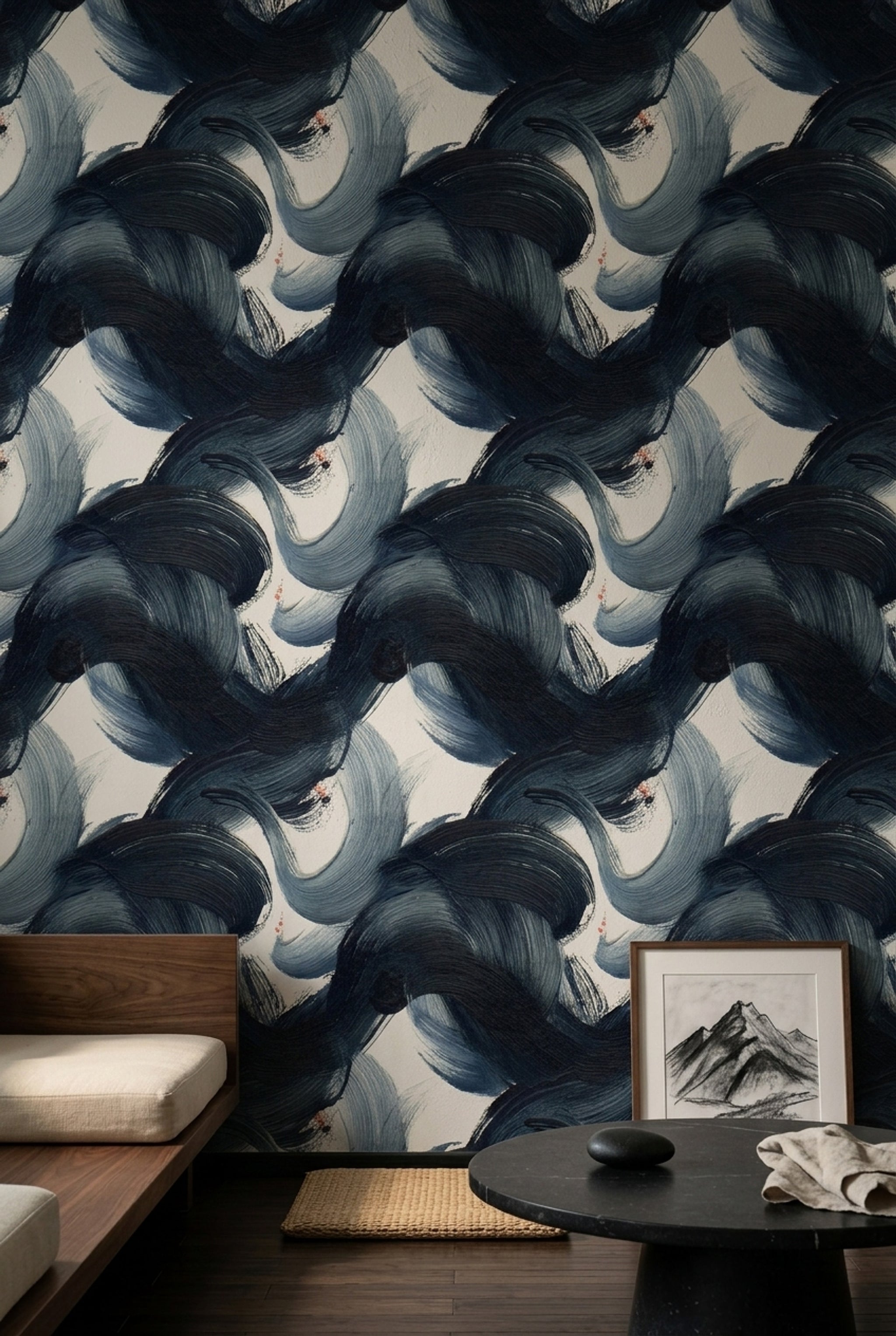 Dark Abstract Wallpaper Navy Brushstrokes Ink Wash Decorative Mural