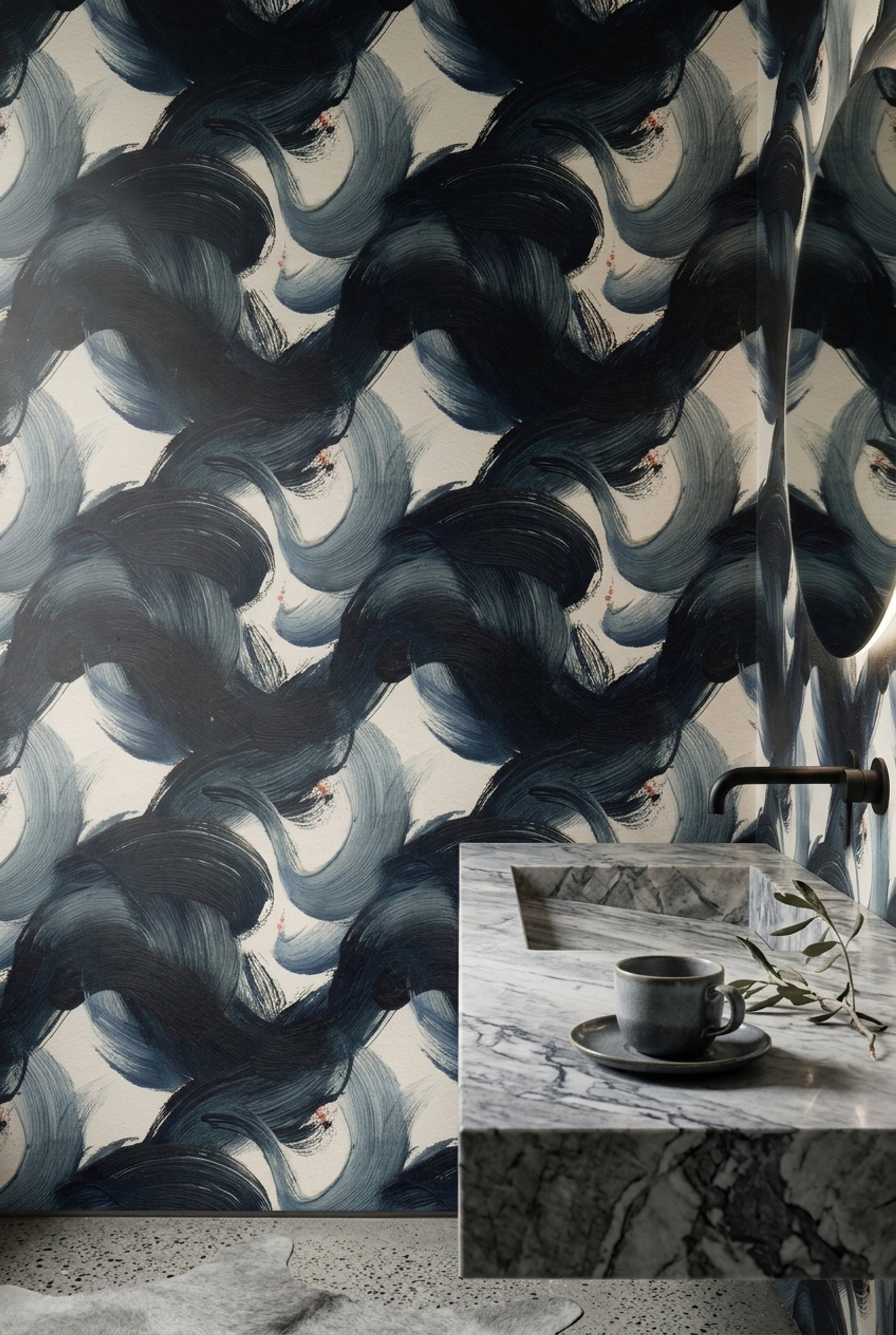 Dark Abstract Wallpaper Navy Brushstrokes Ink Wash Decorative Mural
