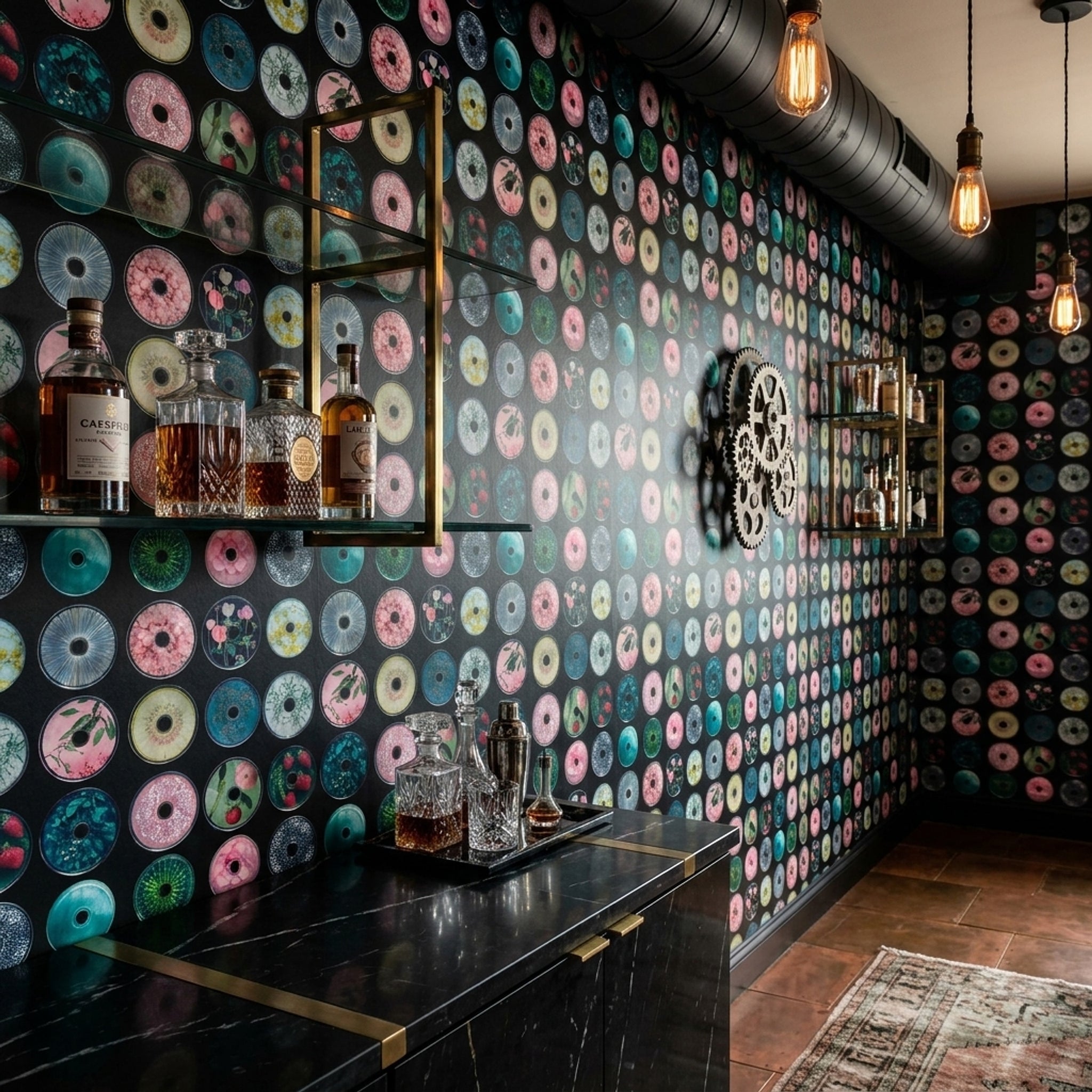 Dark Background Wallpaper Circular Discs Modern Collage Decorative Mural