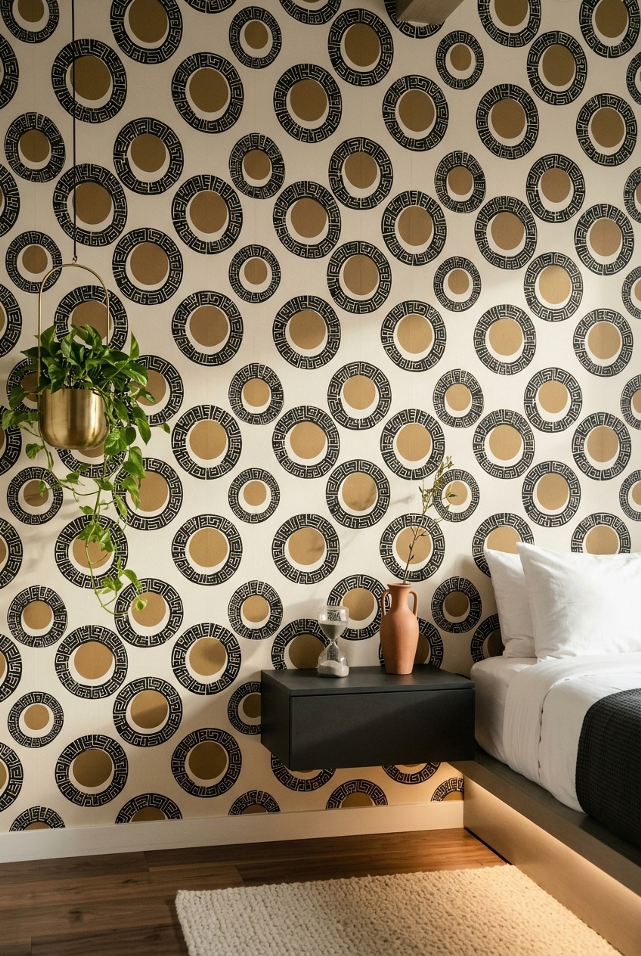 Greek Key Wallpaper Geometric Circles Black And Tan Decorative Mural