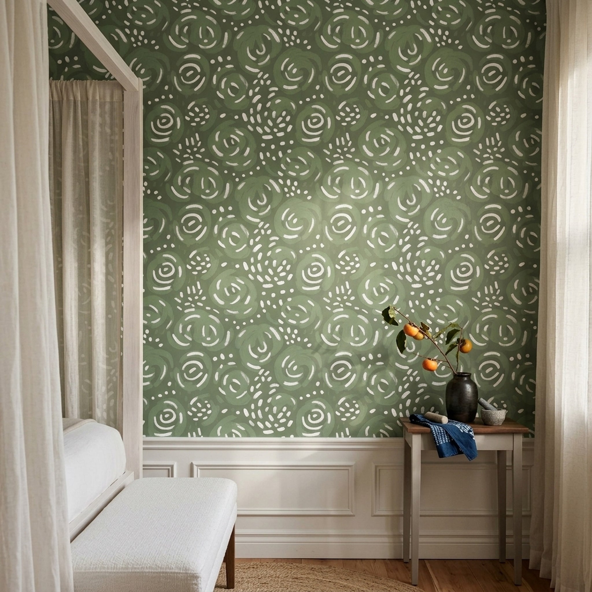 Abstract Wallpaper Painterly Sage Green Decorative Mural