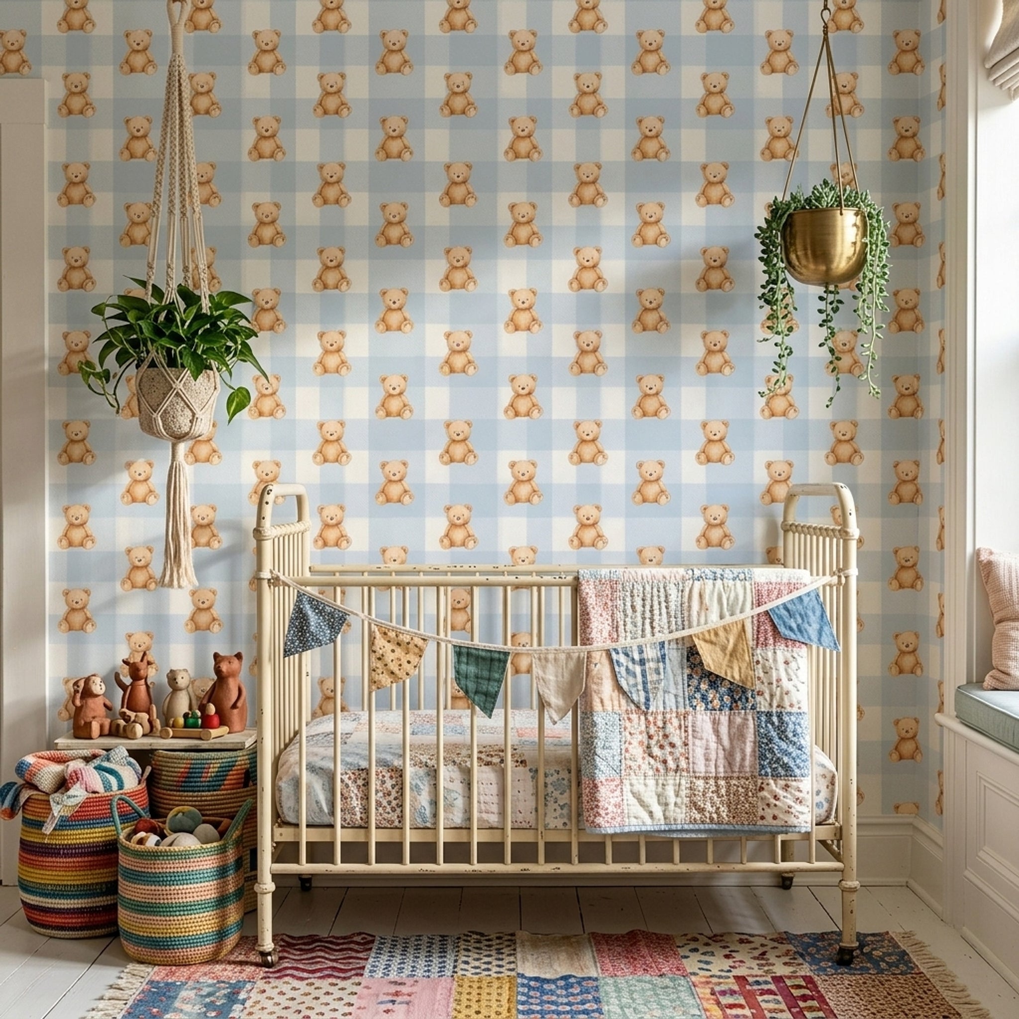Paper Texture Wallpaper Cute Teddy Bears Removable Gingham Wall Double Roll