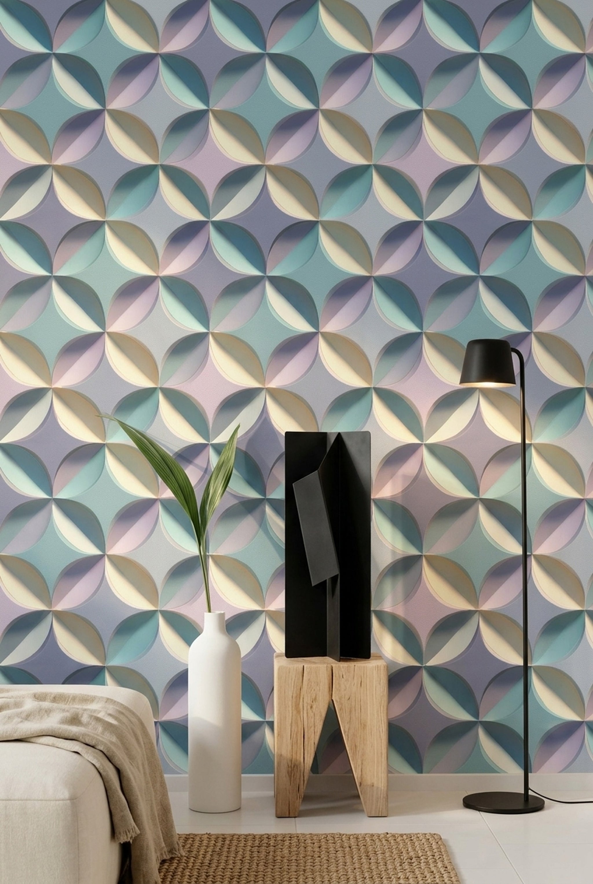 Abstract Geometric Wallpaper 3D Relief Removable Petal Shapes Wall Double Roll