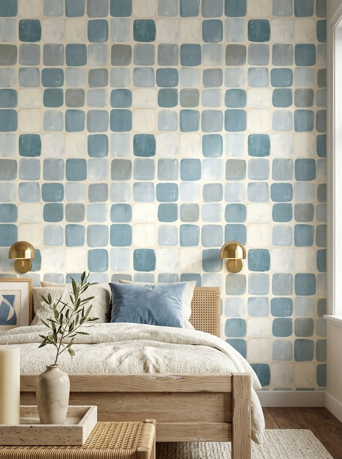 Abstract Geometric Wallpaper Rounded Squares Hand Painted Tiles Decorative Mural